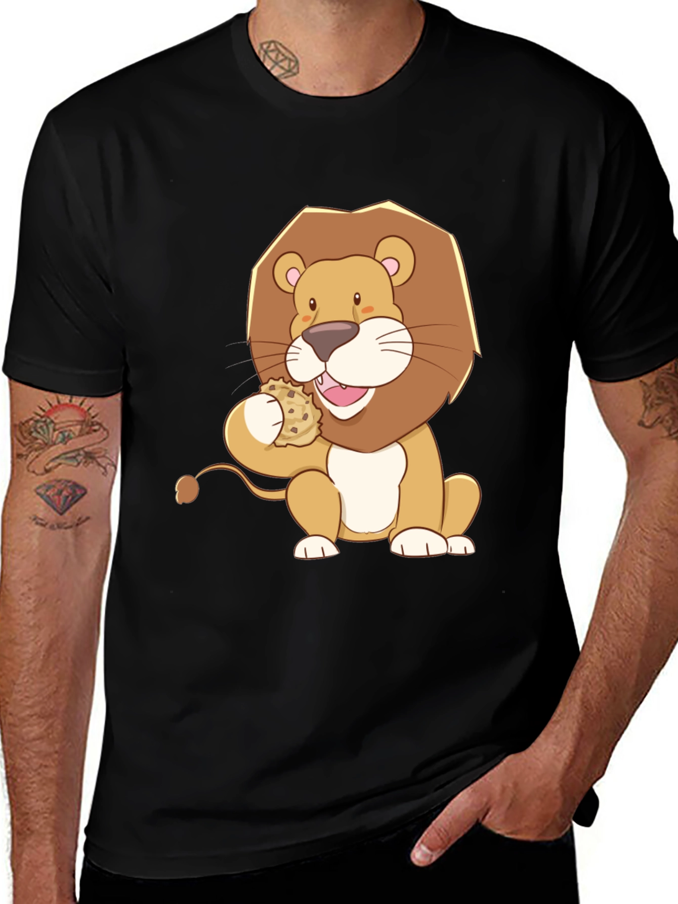 Lion Eating Cookie Graphic Tee - Black Cotton Shirt