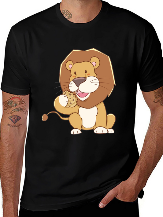 Lion Eating Cookie Graphic Tee - Black Cotton Shirt