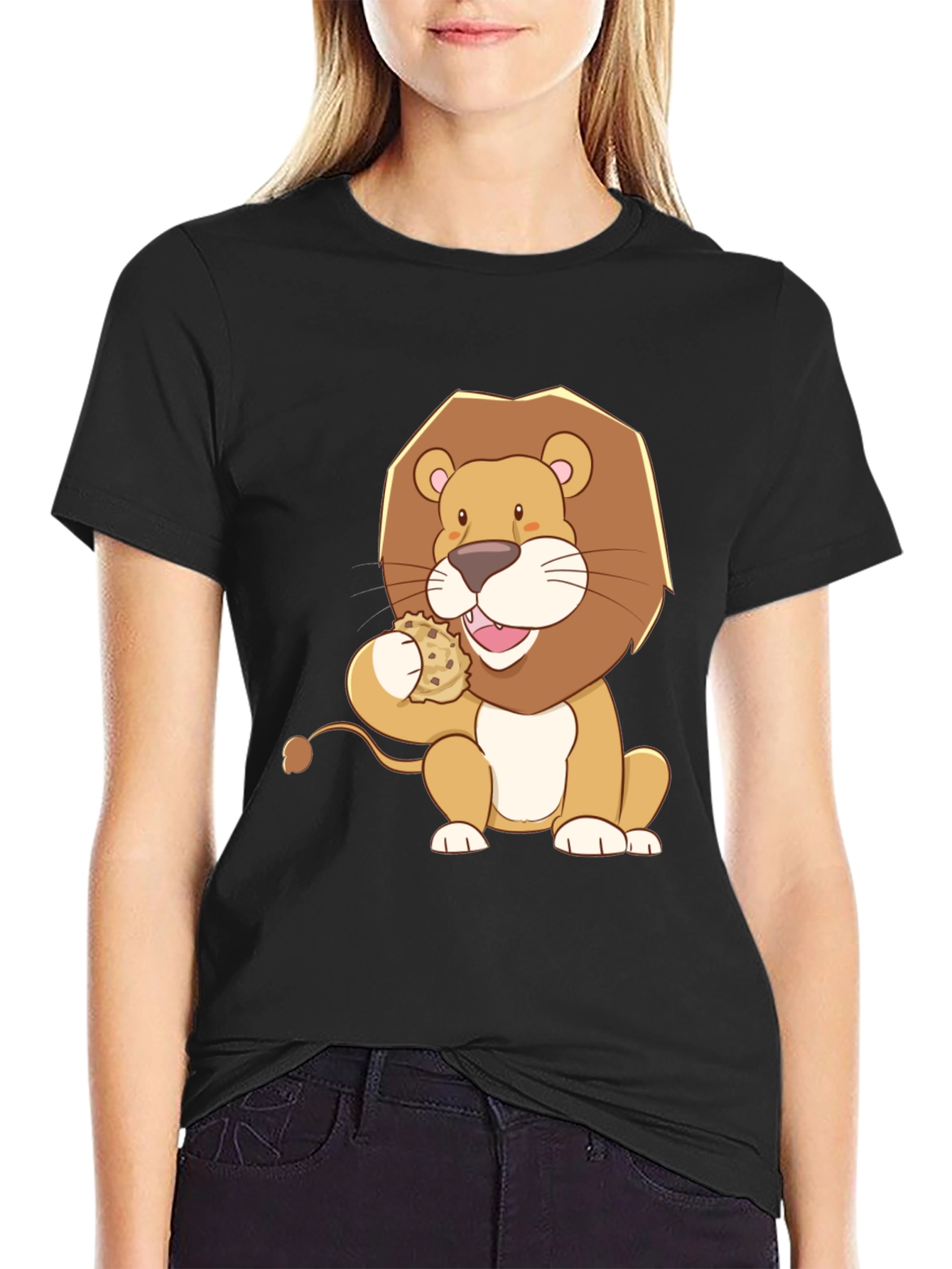 Lion Eating Cookie Graphic Tee - Black Cotton Shirt