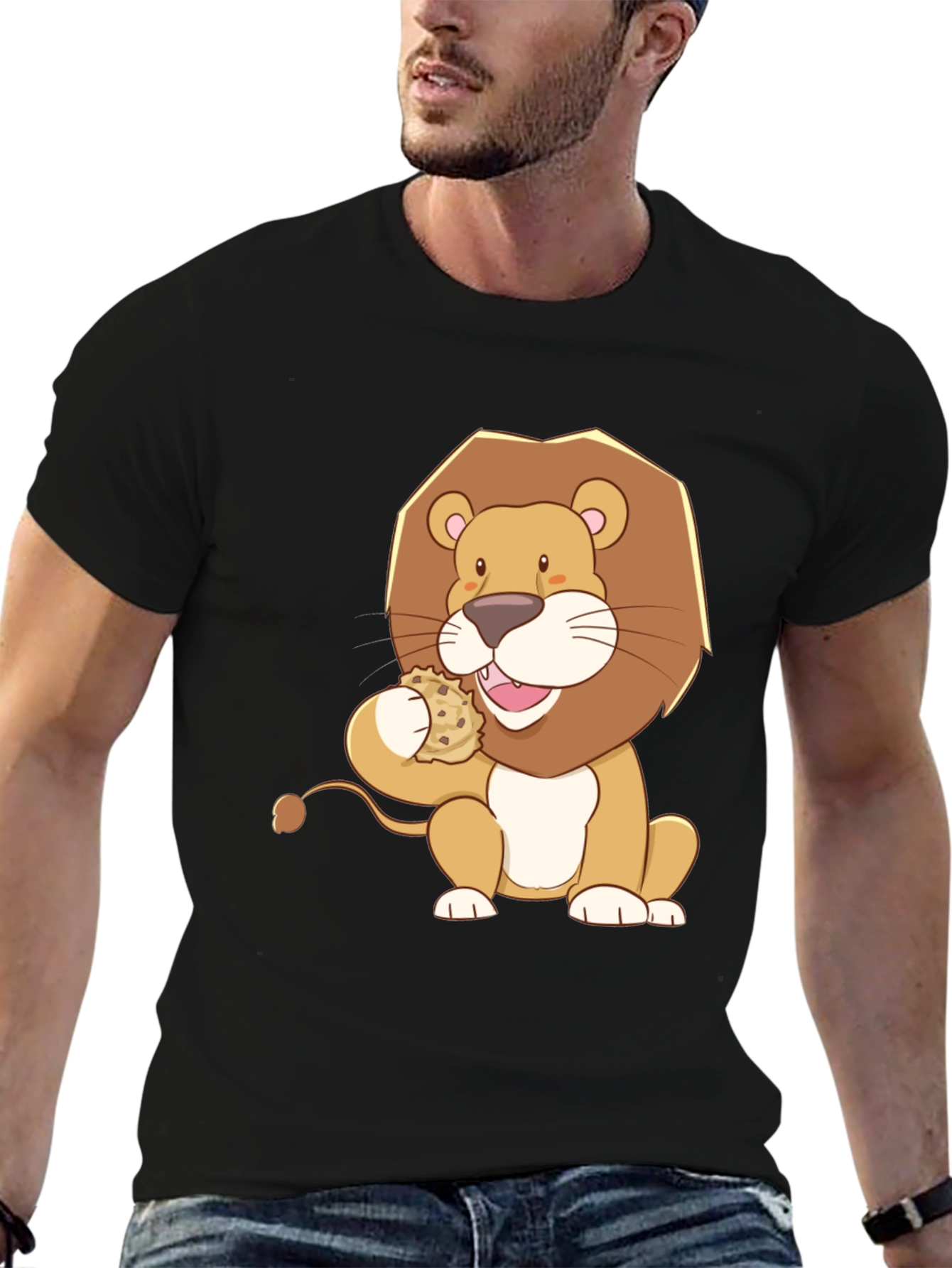 Lion Eating Cookie Graphic Tee - Black Cotton Shirt
