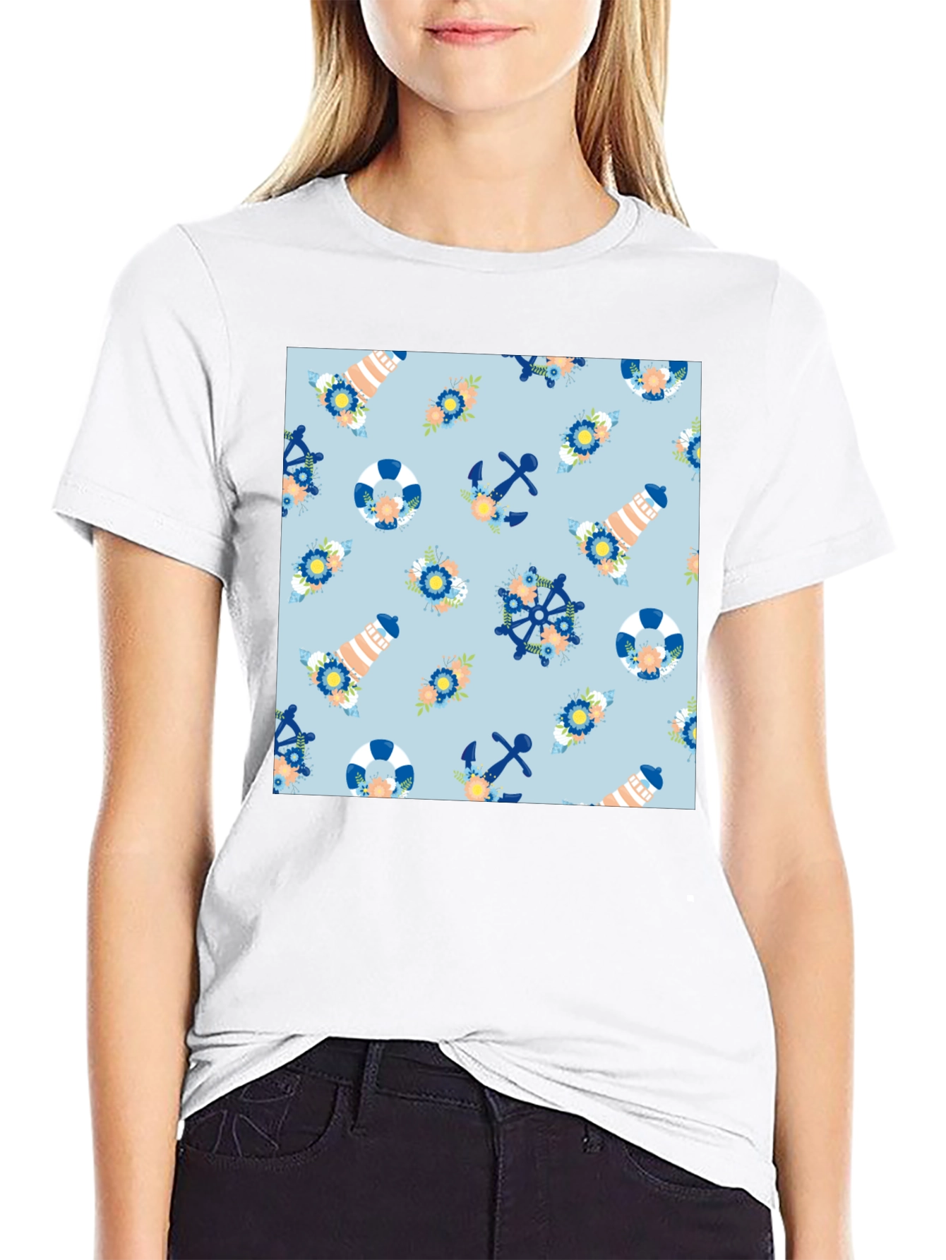 Nautical Pattern T-Shirt: Anchors Lighthouses & More!