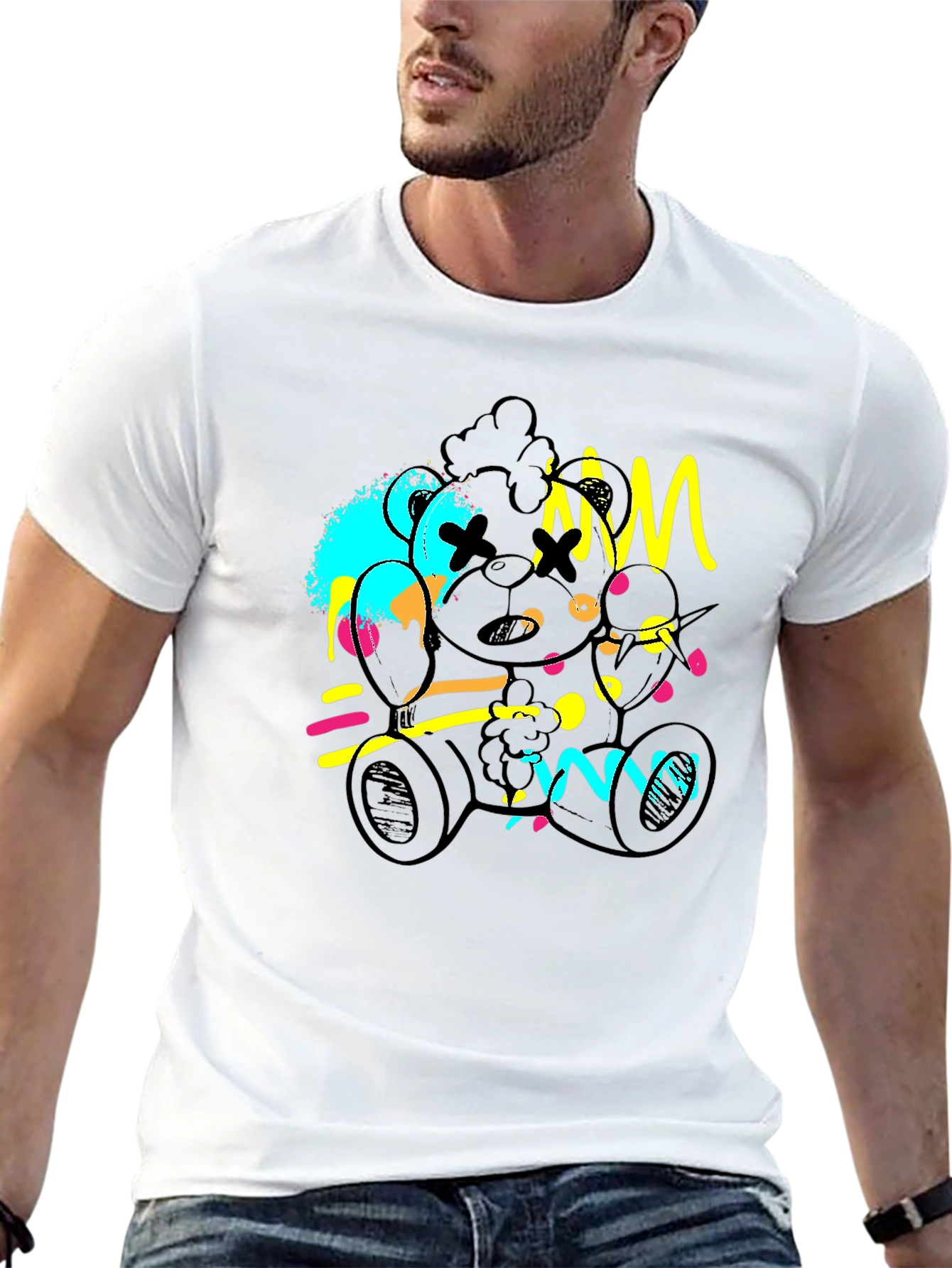 Abstract Teddy Bear Graphic Black T-Shirt