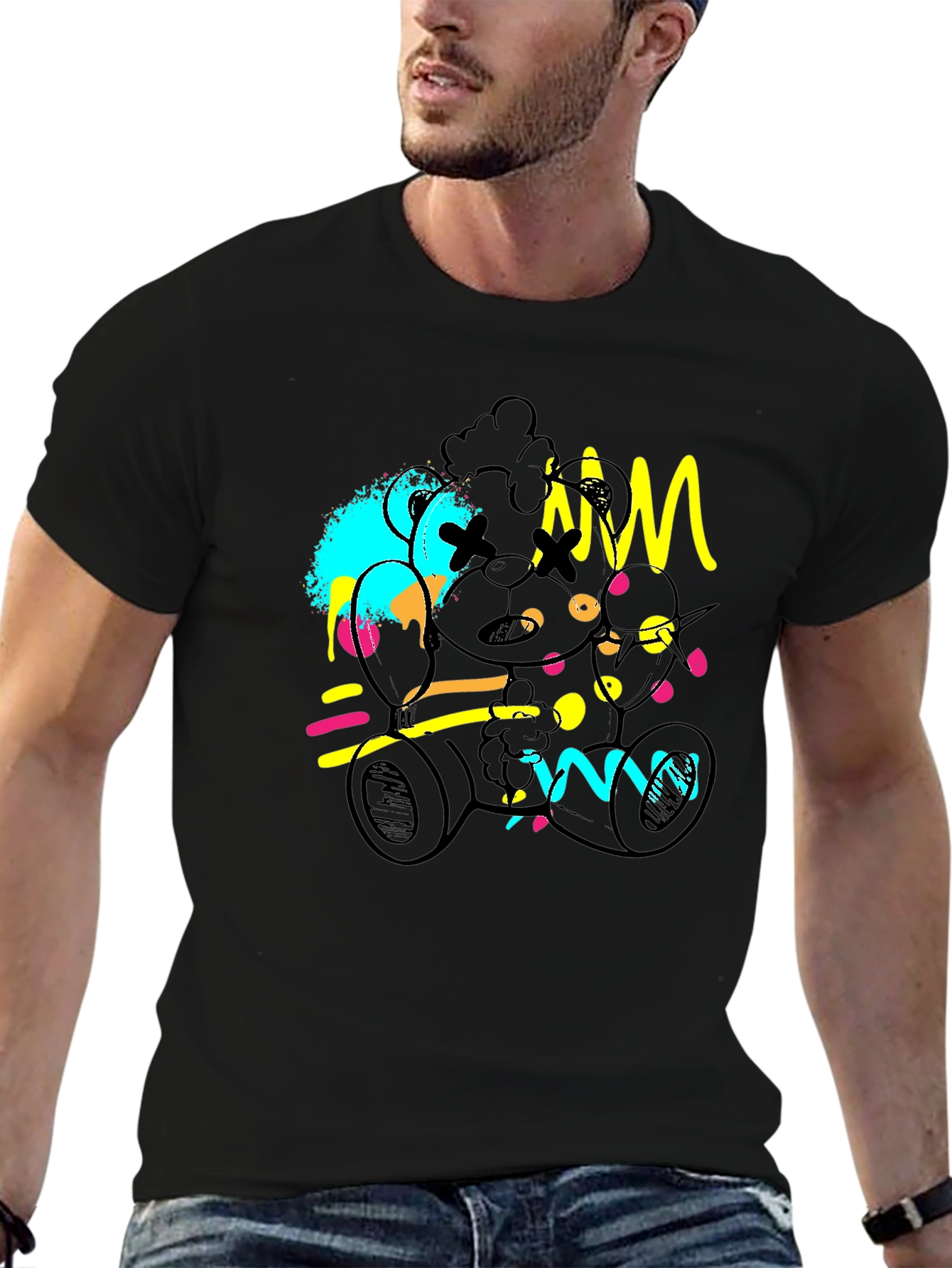 Abstract Teddy Bear Graphic Black T-Shirt