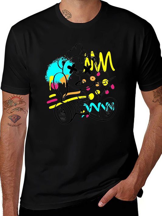 Abstract Teddy Bear Graphic Black T-Shirt