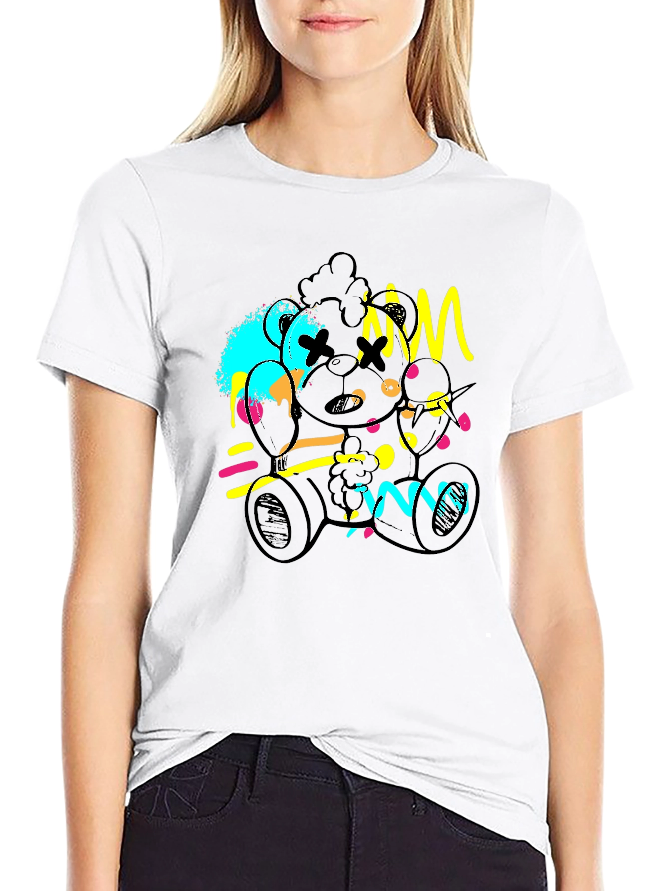 Abstract Teddy Bear Graphic Black T-Shirt
