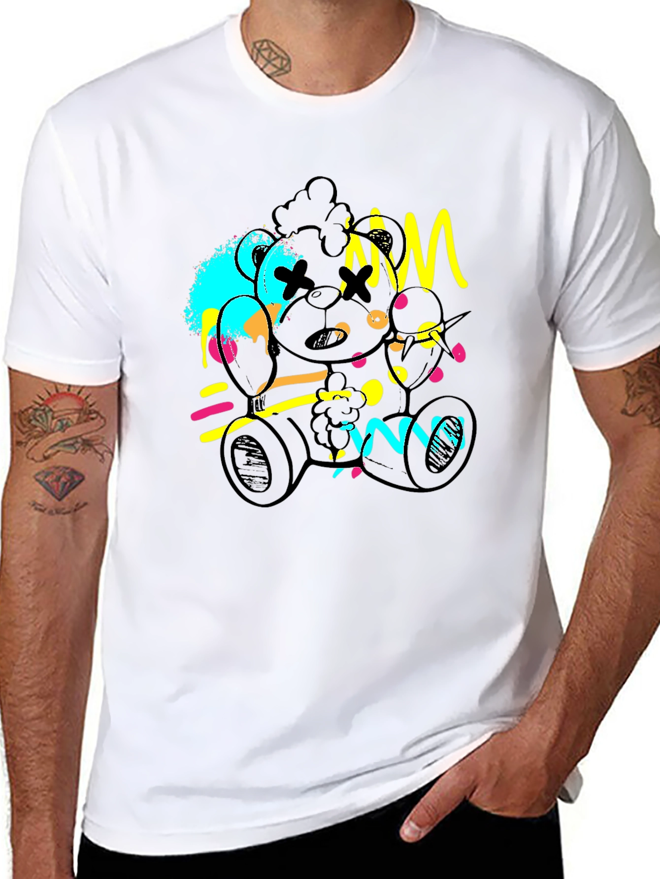 Abstract Teddy Bear Graphic Black T-Shirt