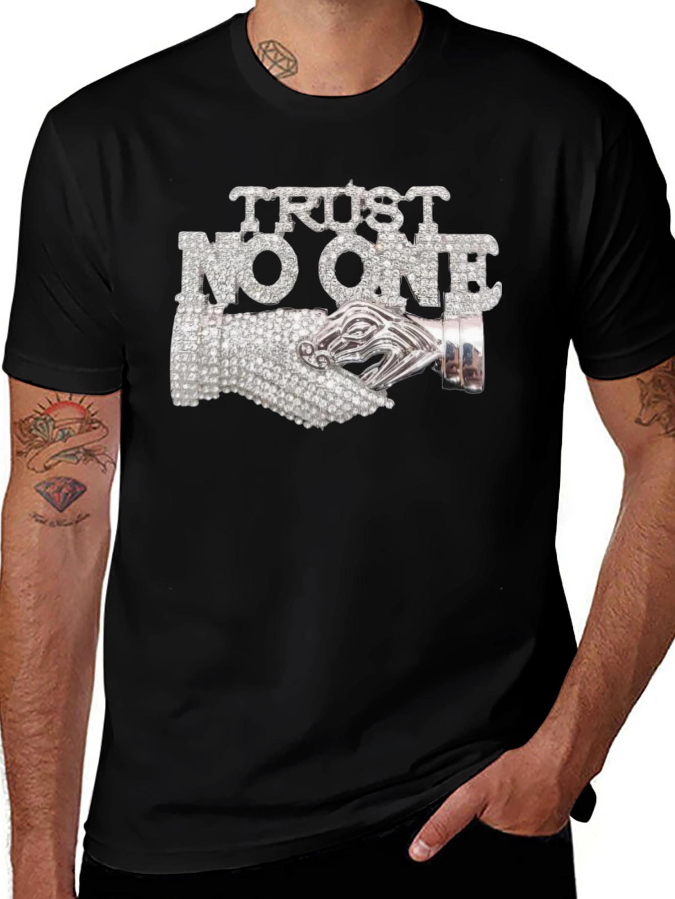 Trust No One Graphic Tee - Rhinestone Detail