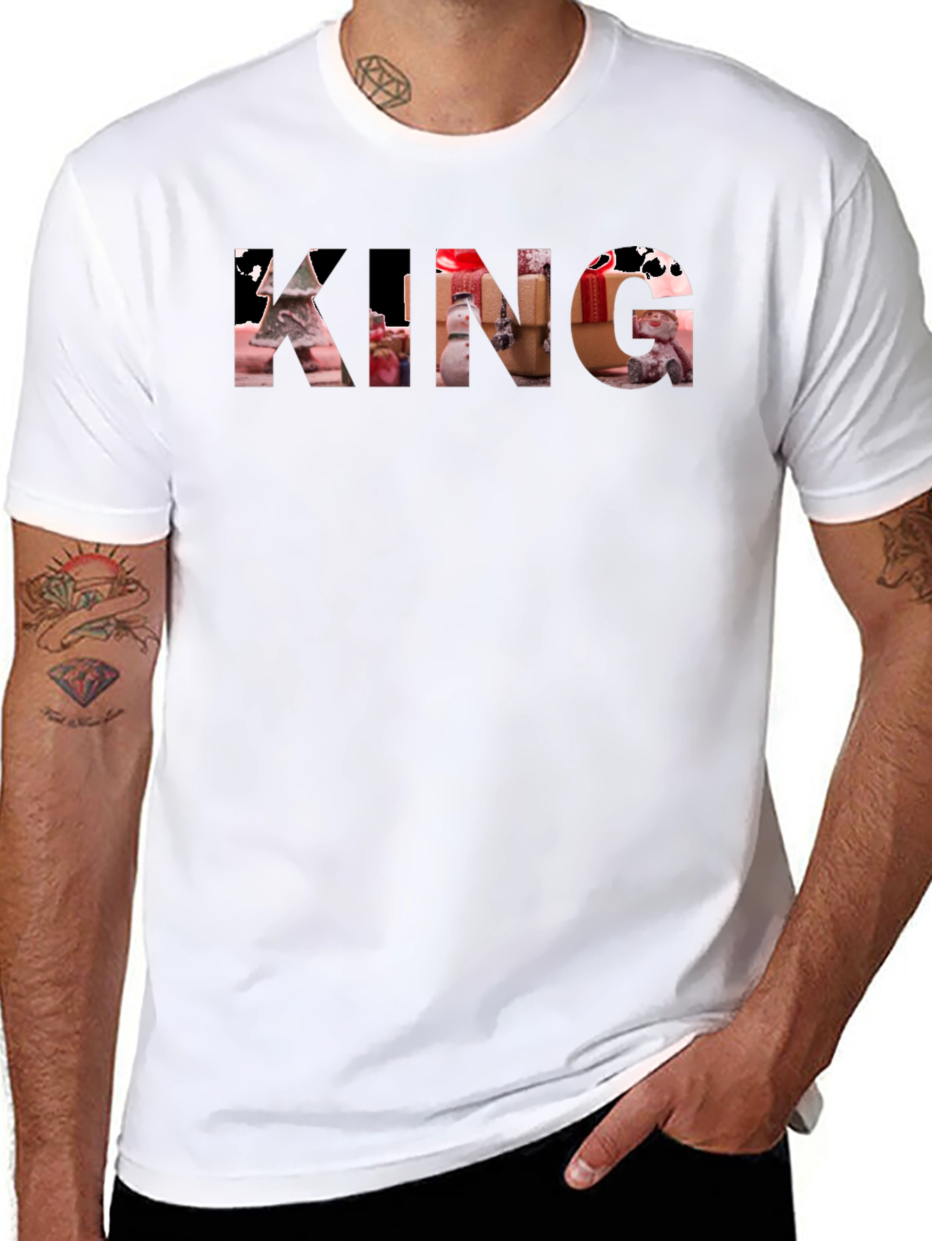 King Christmas Pattern Print Black T-Shirt