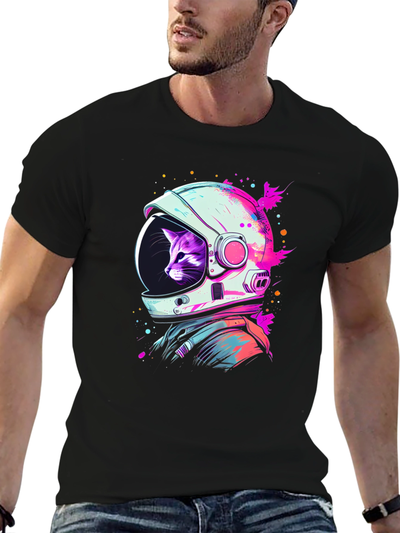 Cat Astronaut Black T-Shirt - Space Purrfect!