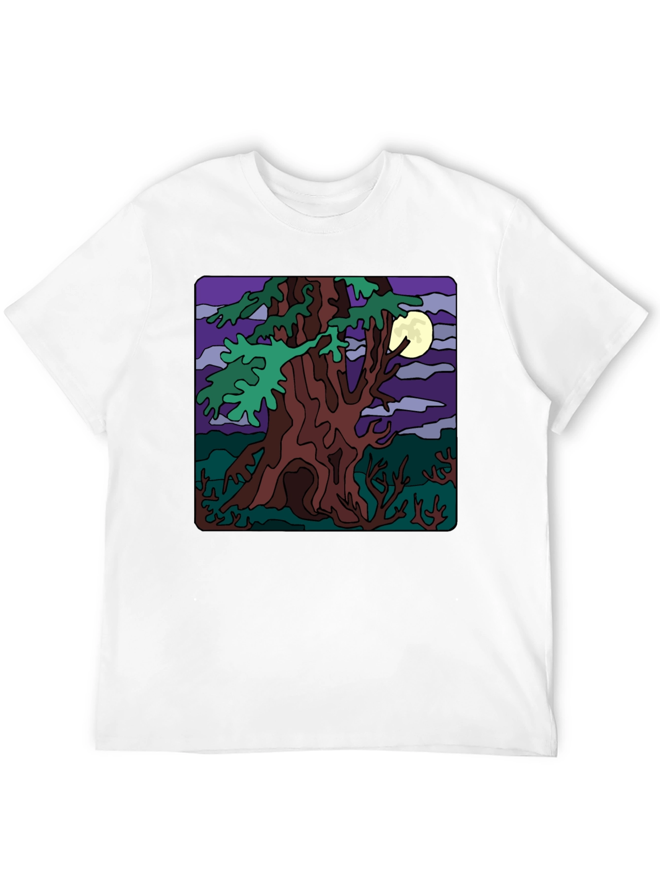 Moonlit Tree Graphic Tee - Black Cotton Casual