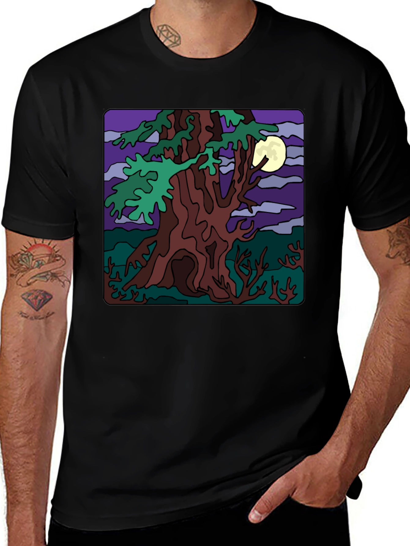 Moonlit Tree Graphic Tee - Black Cotton Casual