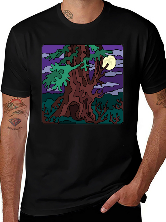 Moonlit Tree Graphic Tee - Black Cotton Casual
