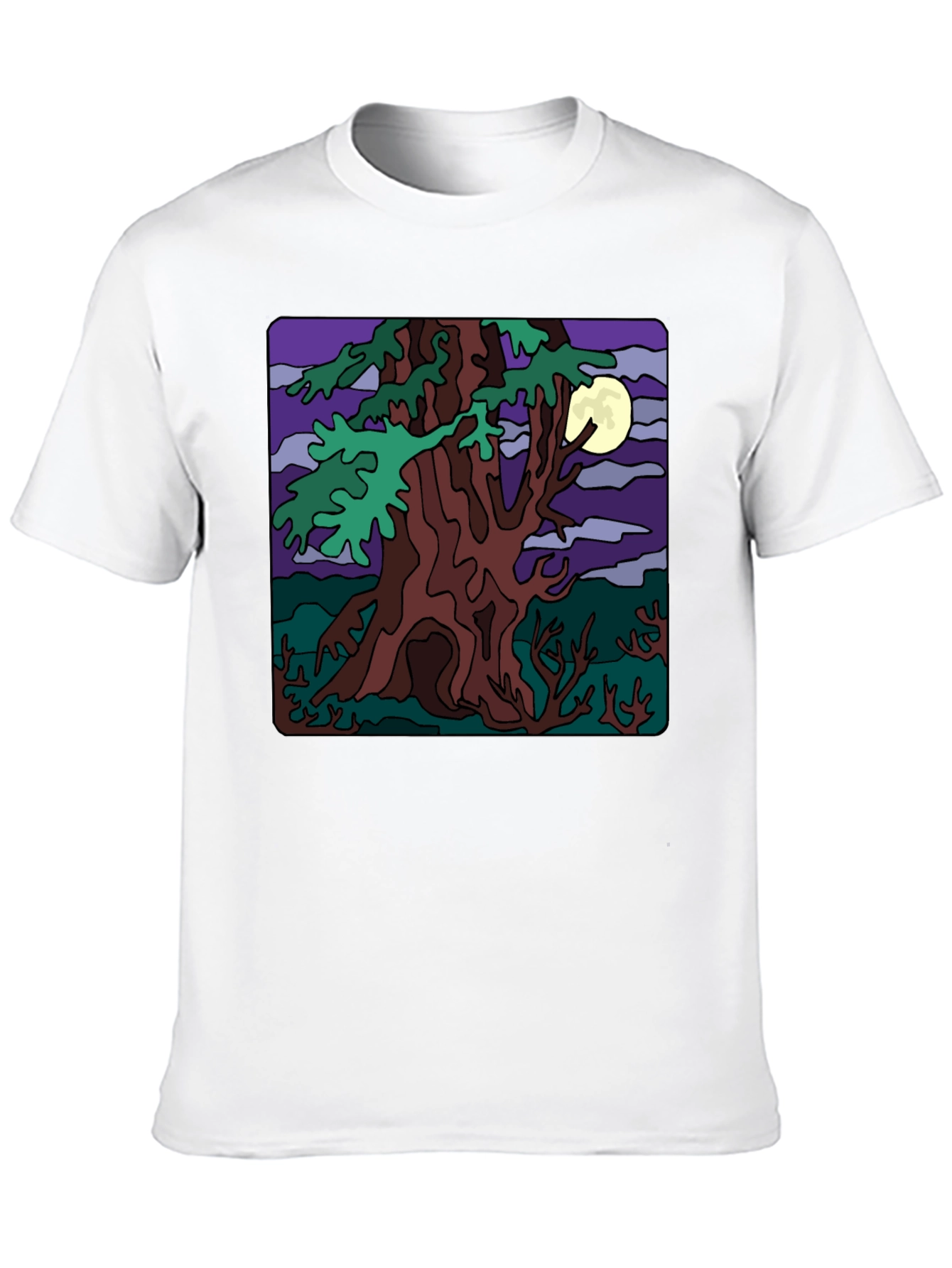 Moonlit Tree Graphic Tee - Black Cotton Casual