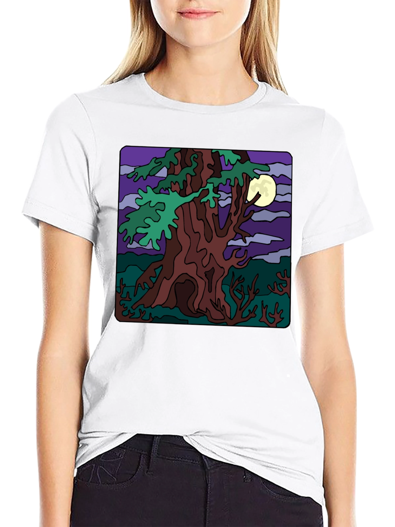 Moonlit Tree Graphic Tee - Black Cotton Casual
