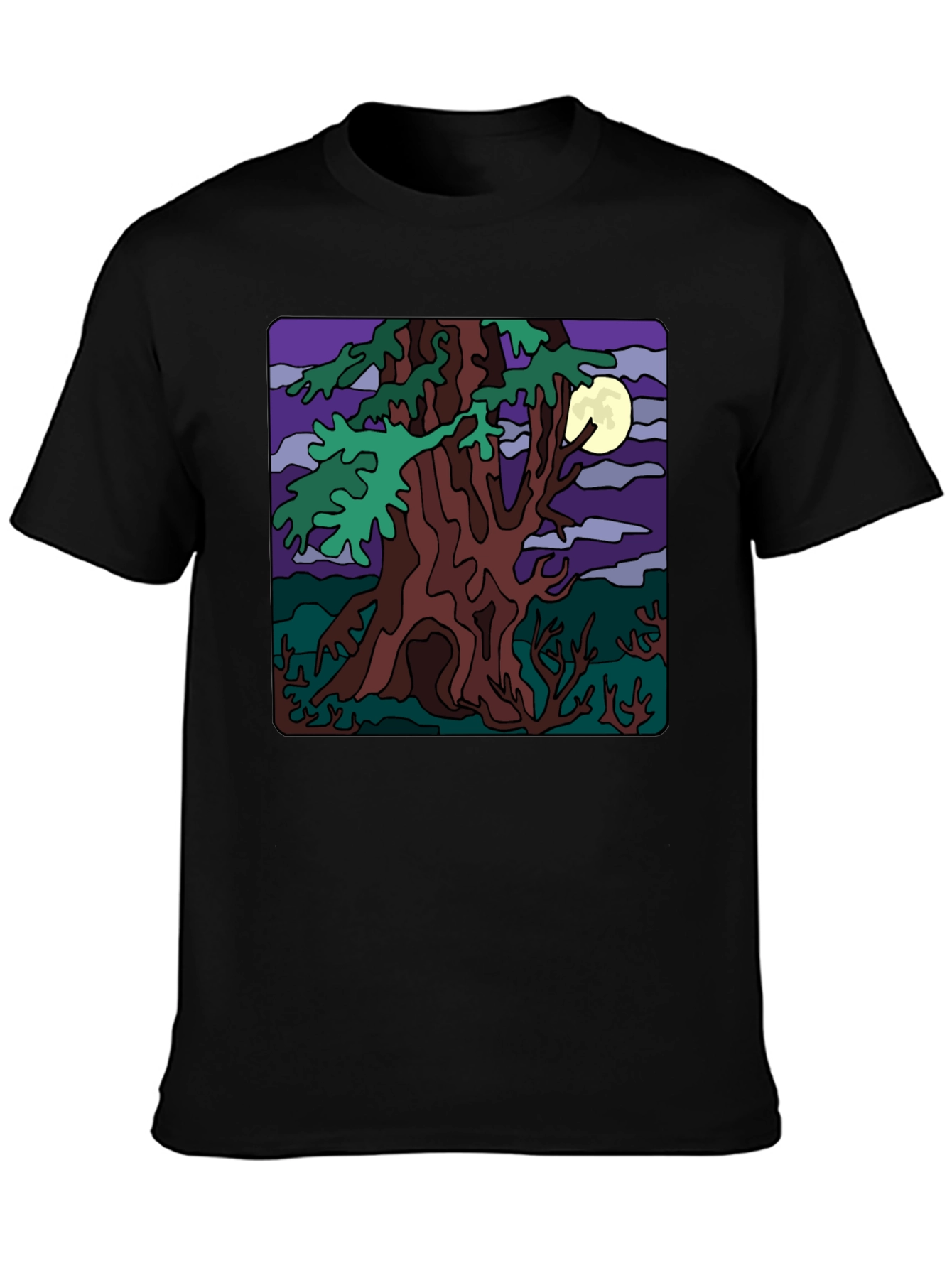 Moonlit Tree Graphic Tee - Black Cotton Casual