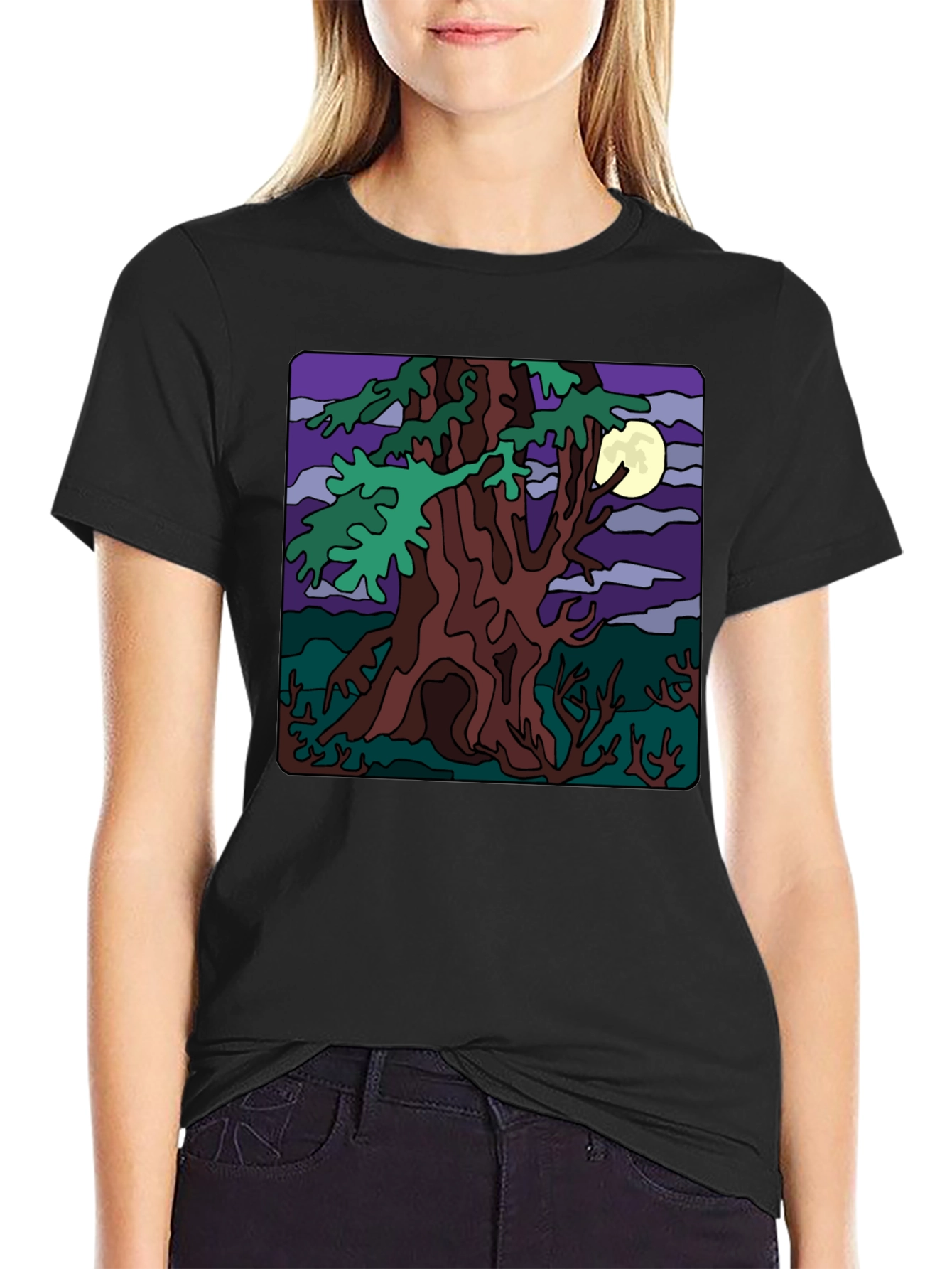 Moonlit Tree Graphic Tee - Black Cotton Casual