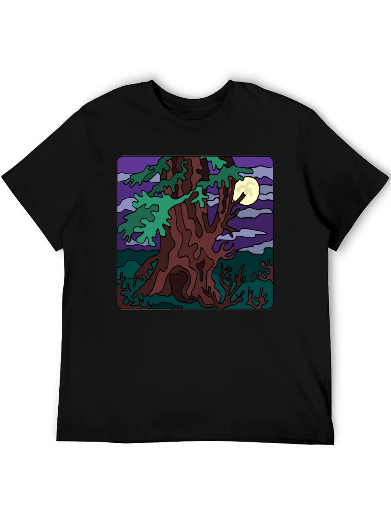 Moonlit Tree Graphic Tee - Black Cotton Casual