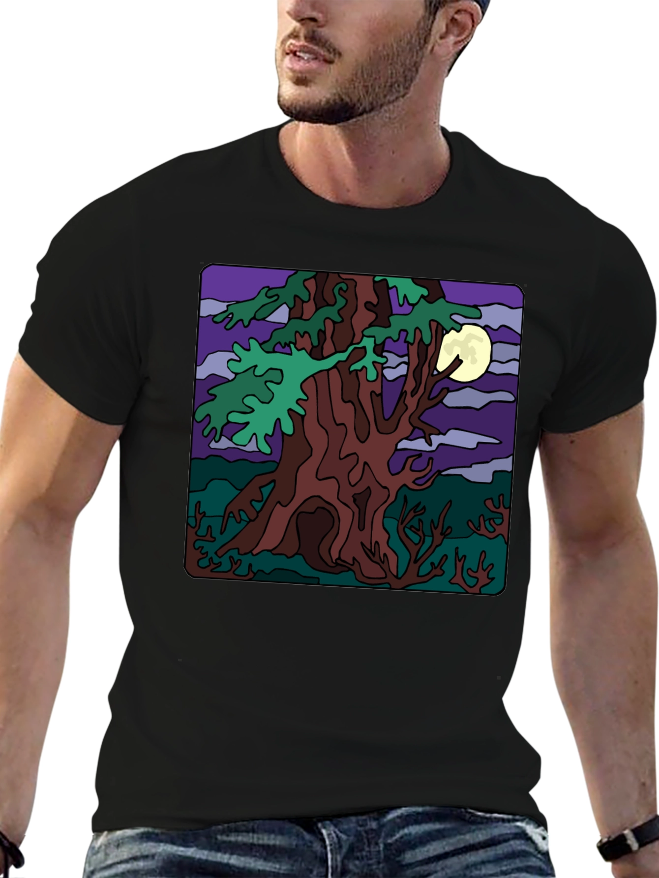 Moonlit Tree Graphic Tee - Black Cotton Casual