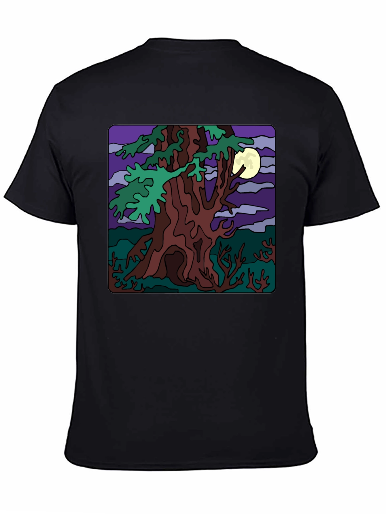 Moonlit Tree Graphic Tee - Black Cotton Casual