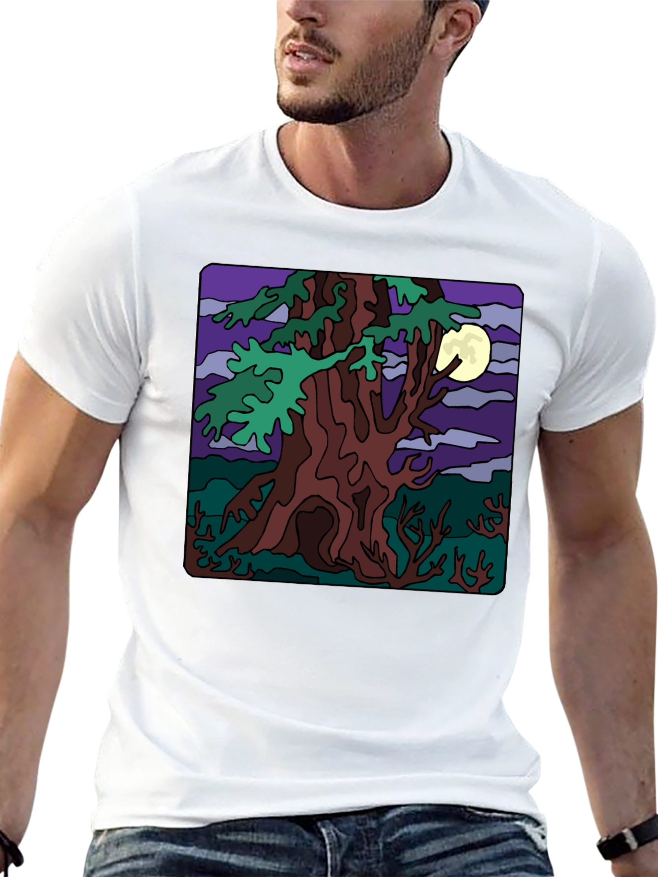 Moonlit Tree Graphic Tee - Black Cotton Casual