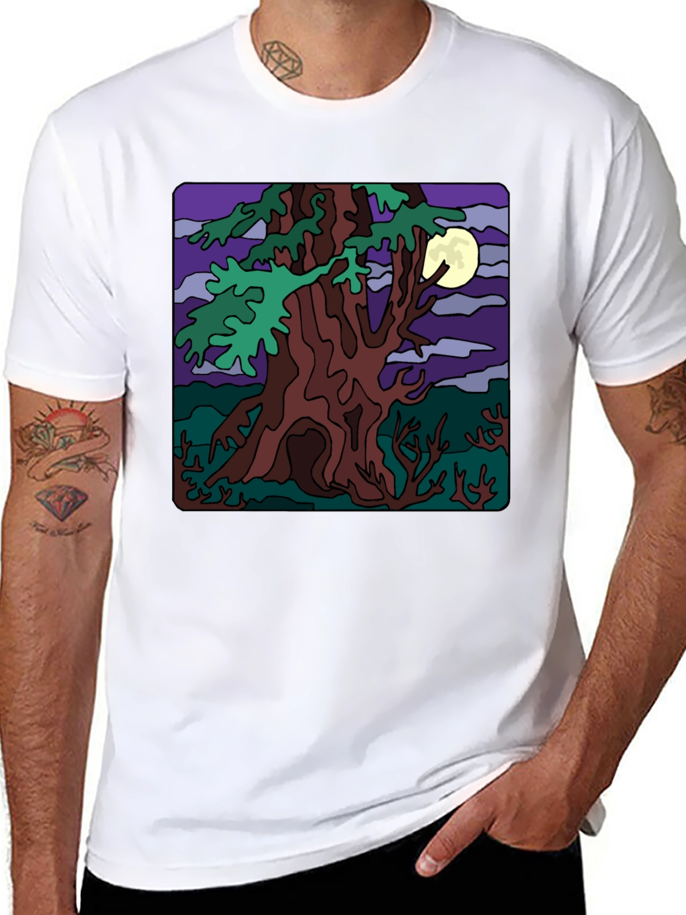 Moonlit Tree Graphic Tee - Black Cotton Casual