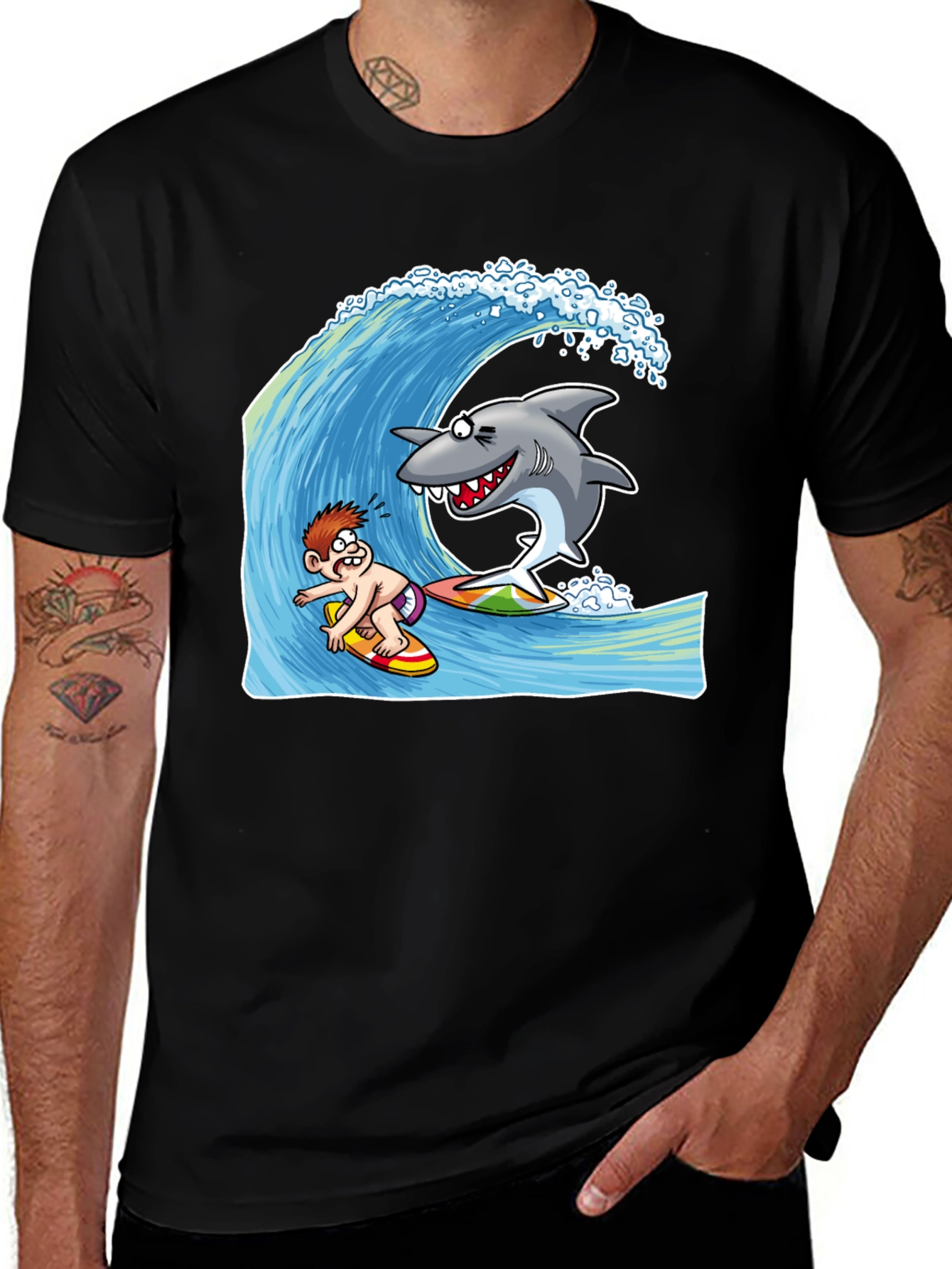 Surfing Shark Cartoon Black T-Shirt