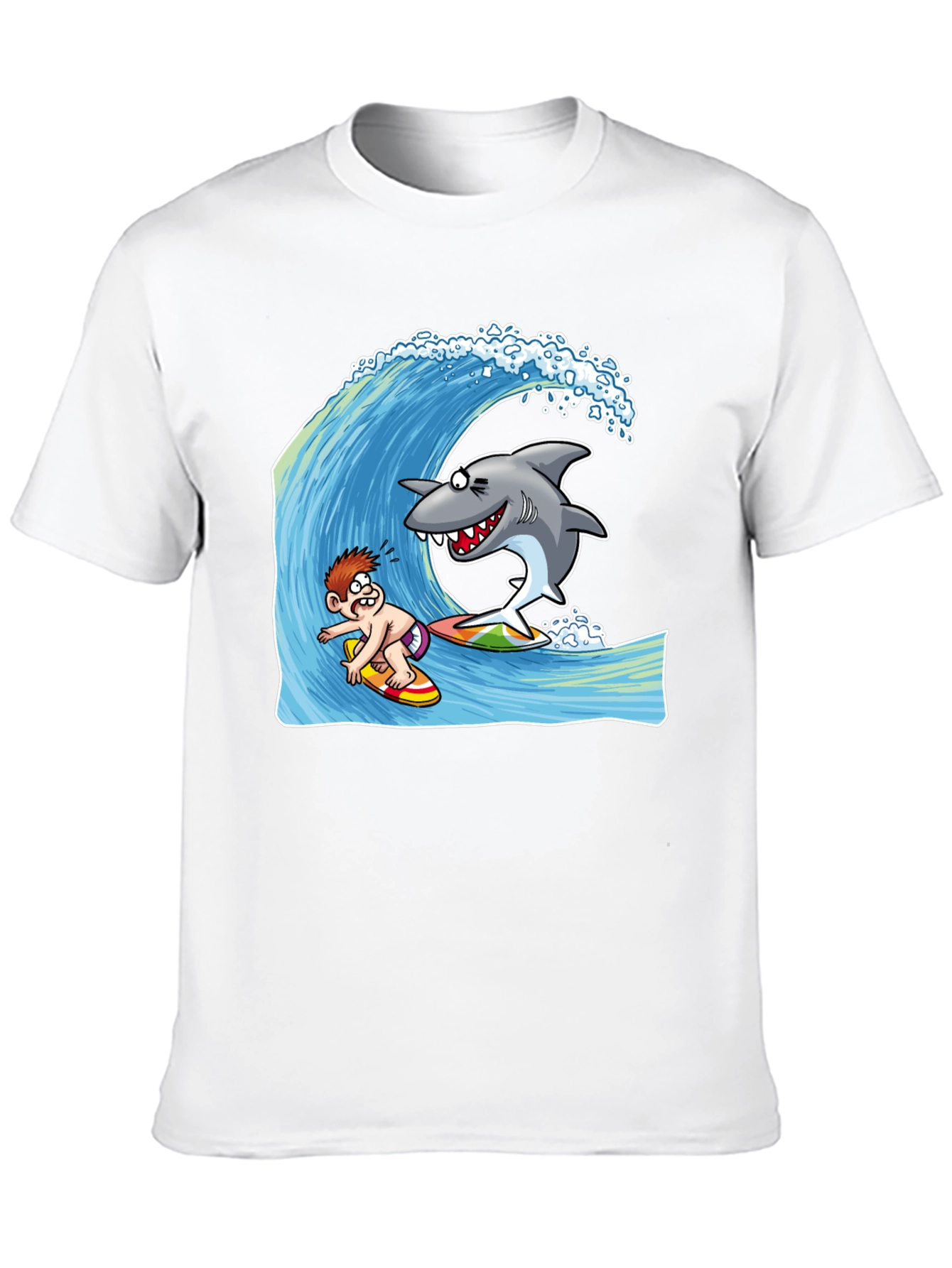 Surfing Shark Cartoon Black T-Shirt