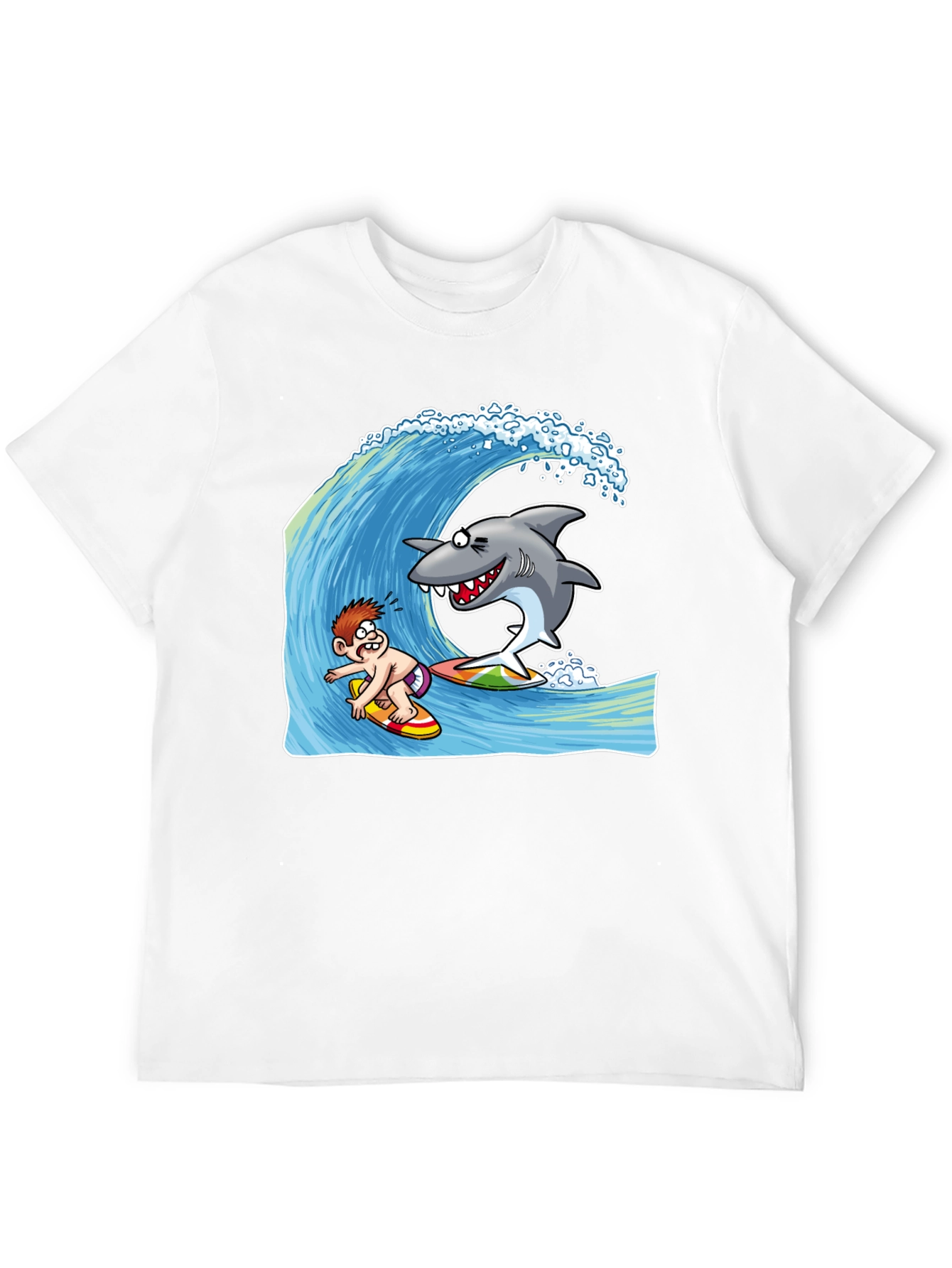 Surfing Shark Cartoon Black T-Shirt