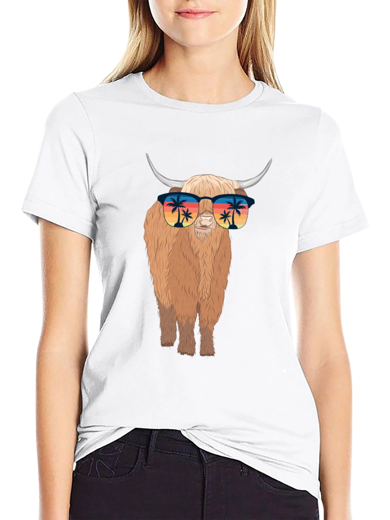 Highland Cow T-Shirt with Sunglasses - Tropical Vibes