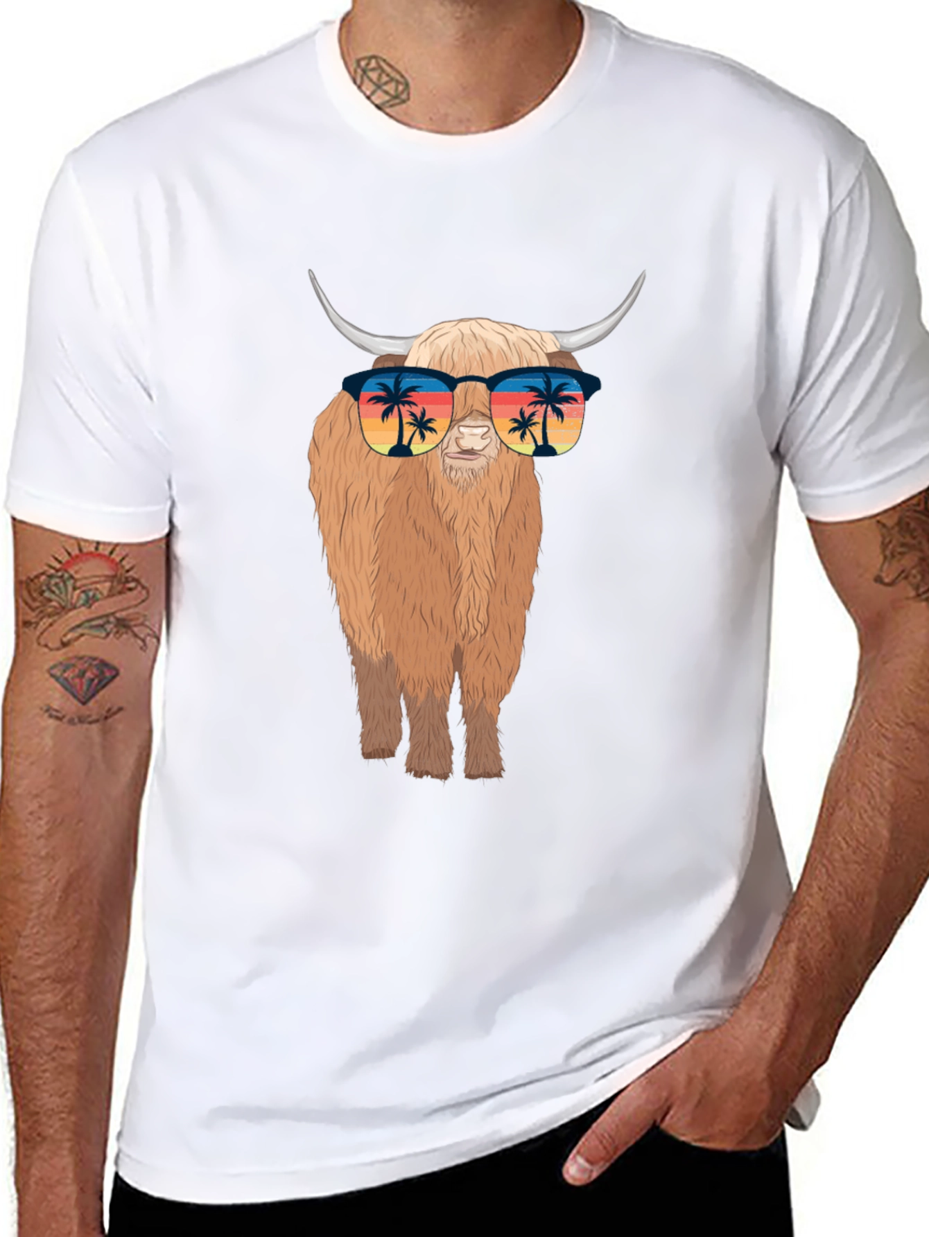 Highland Cow T-Shirt with Sunglasses - Tropical Vibes