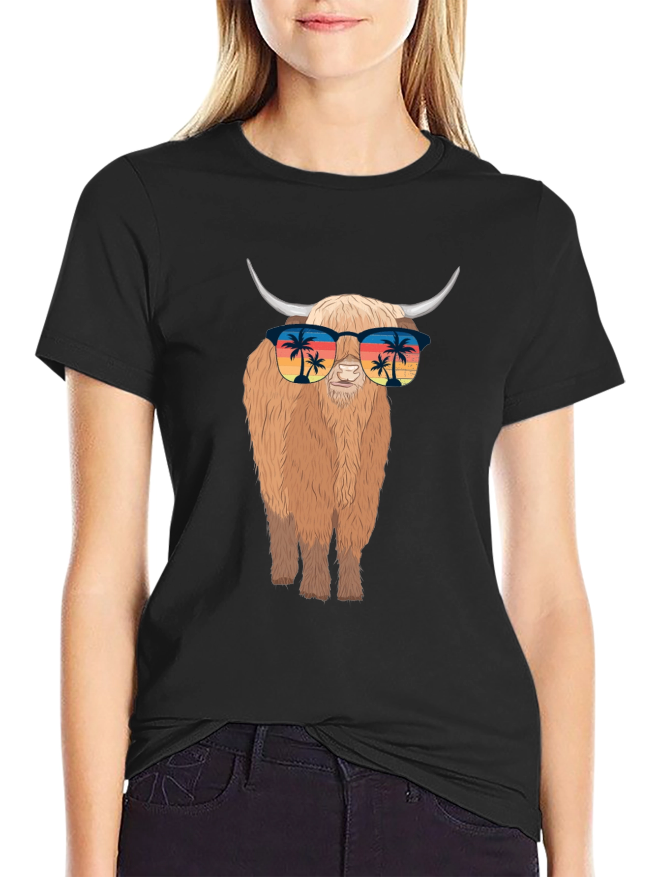 Highland Cow T-Shirt with Sunglasses - Tropical Vibes