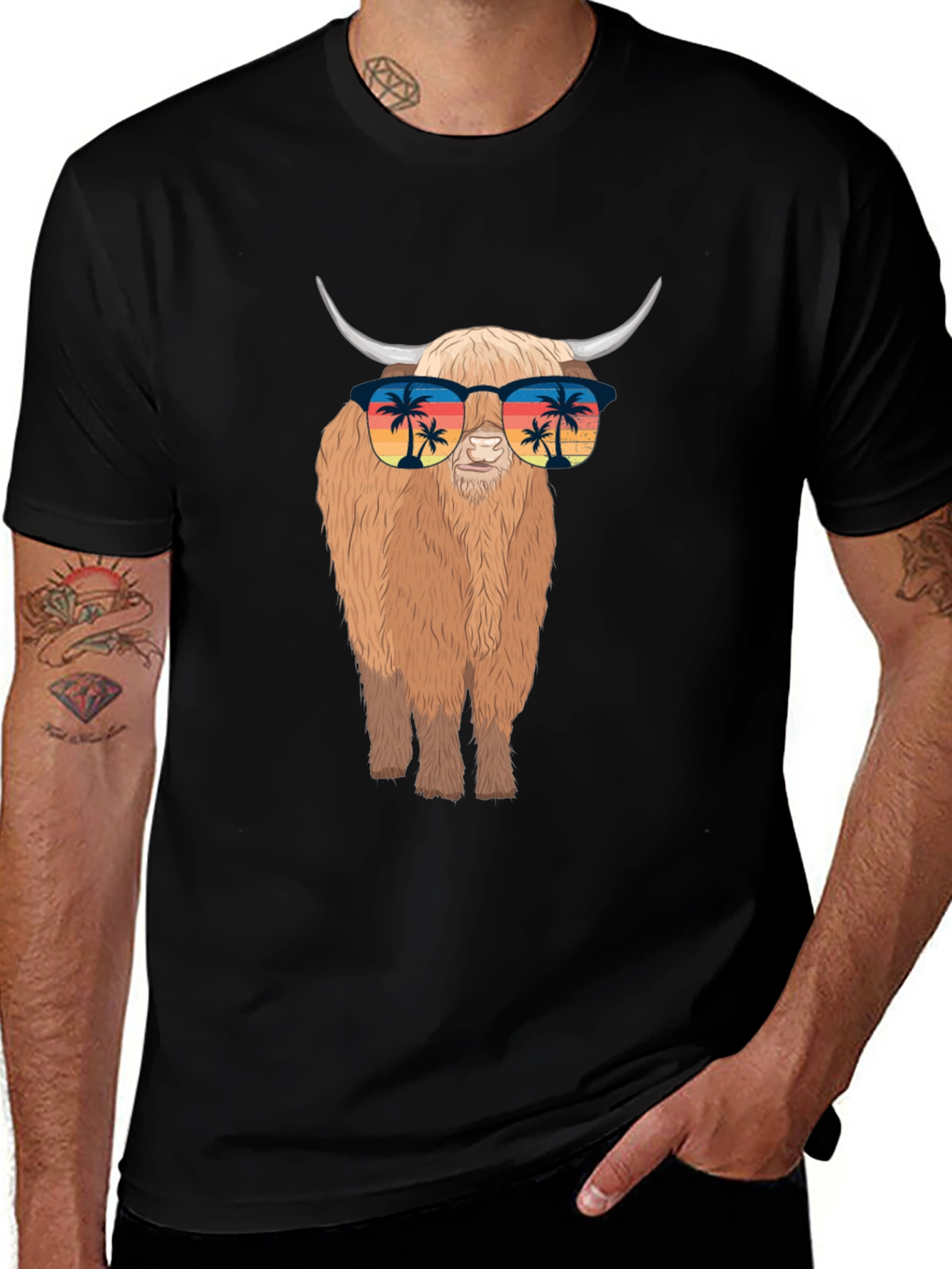 Highland Cow T-Shirt with Sunglasses - Tropical Vibes