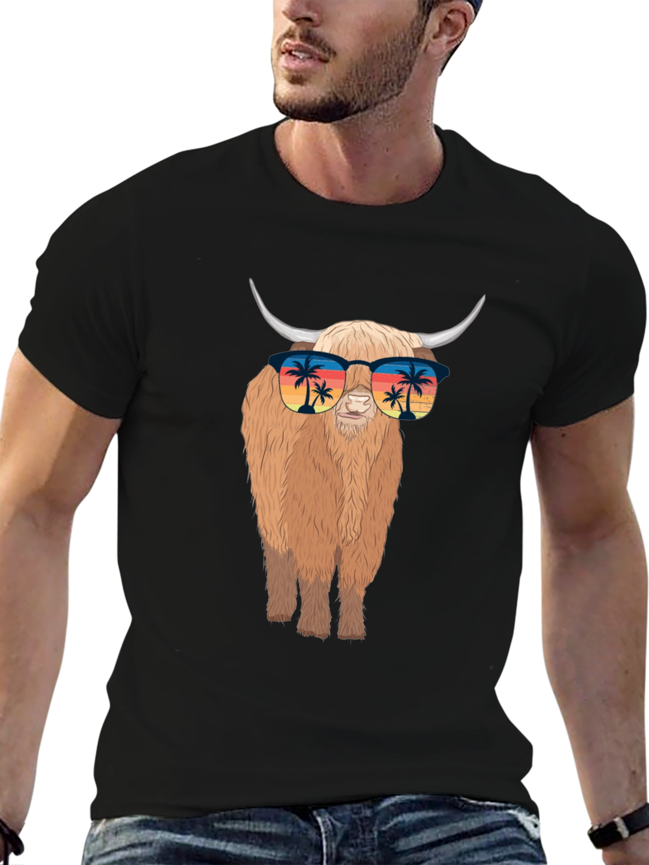 Highland Cow T-Shirt with Sunglasses - Tropical Vibes