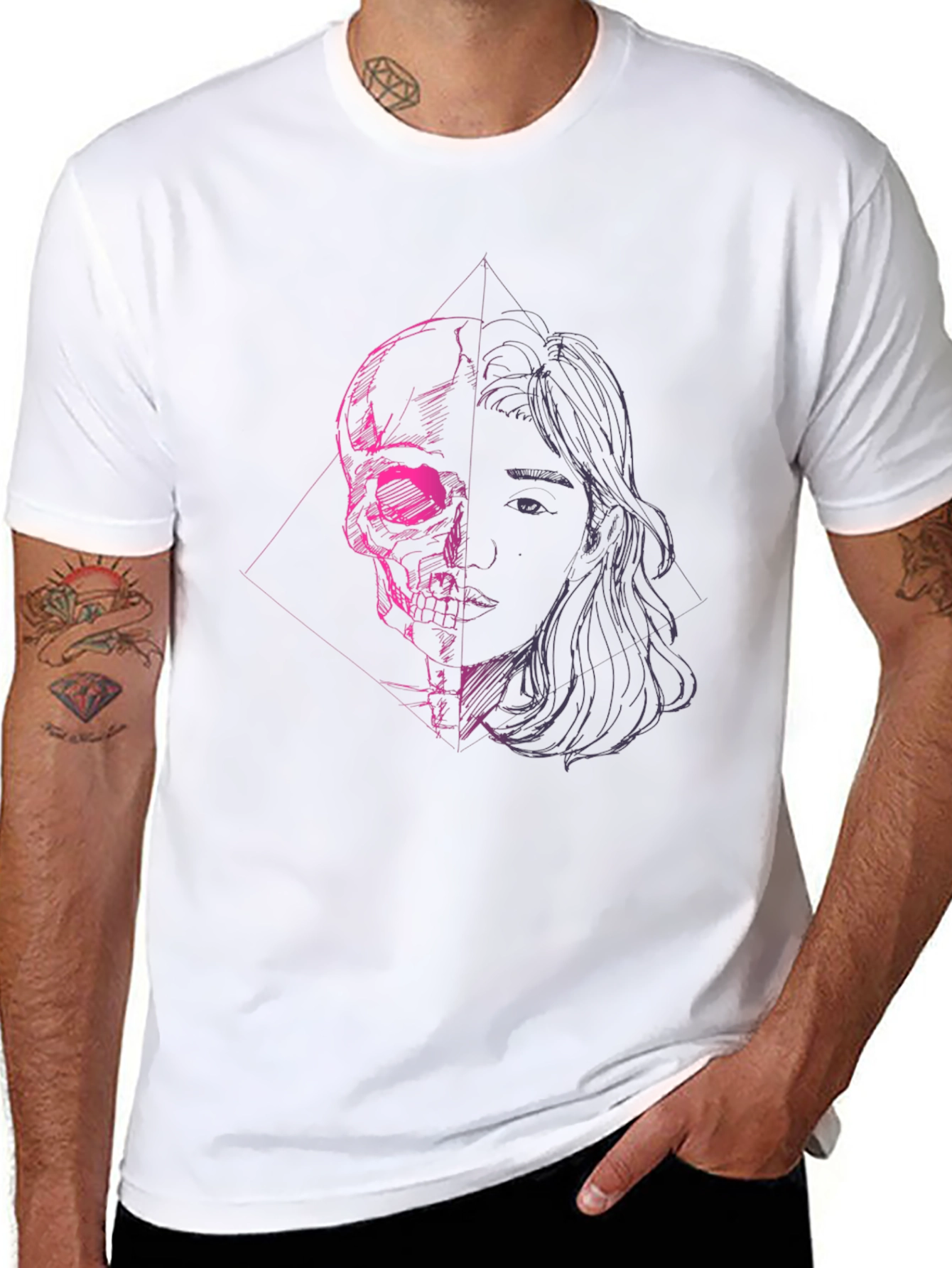 Skull & Portrait Graphic Black T-Shirt