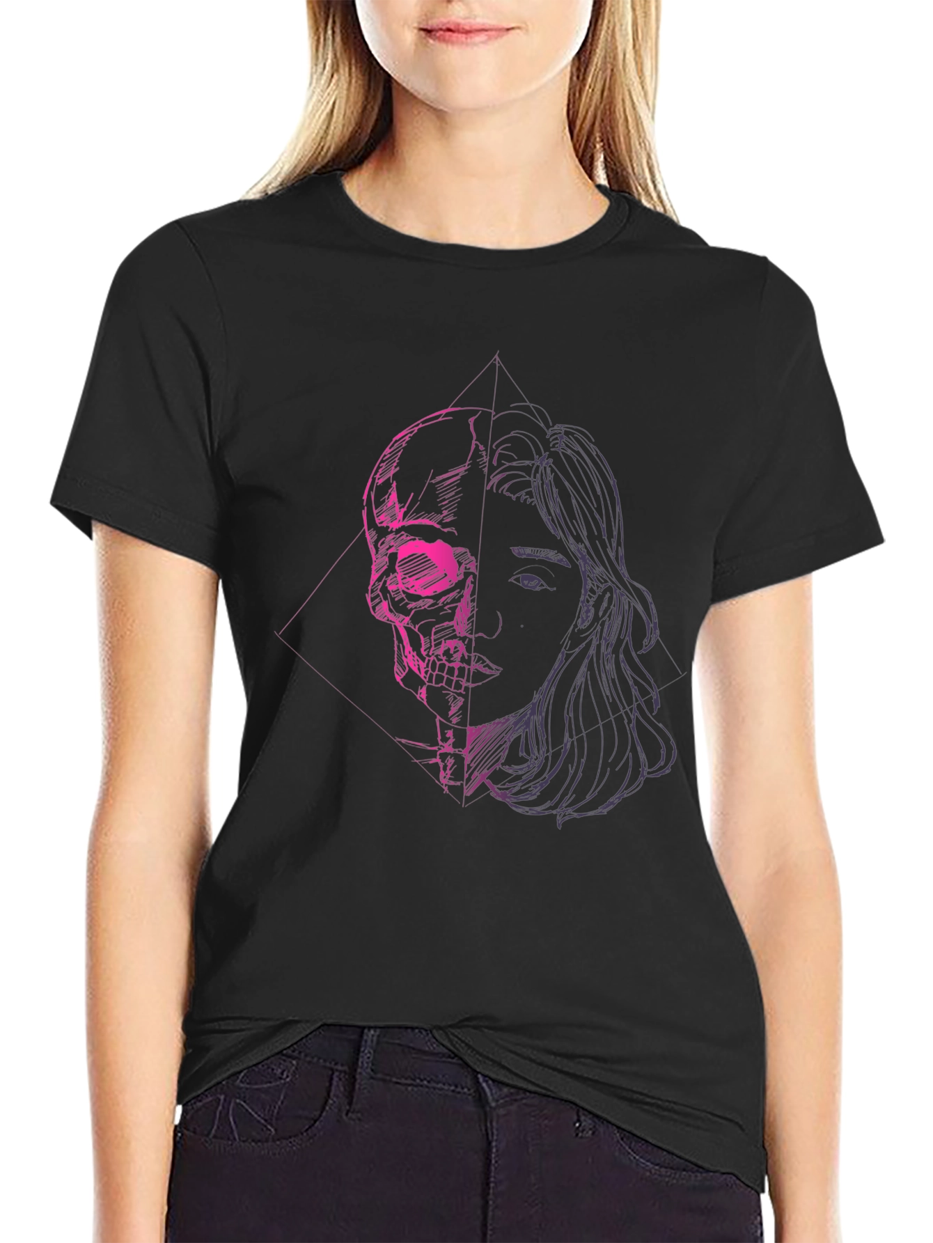 Skull & Portrait Graphic Black T-Shirt