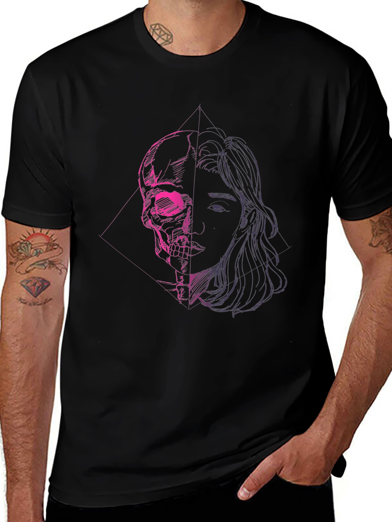 Skull & Portrait Graphic Black T-Shirt