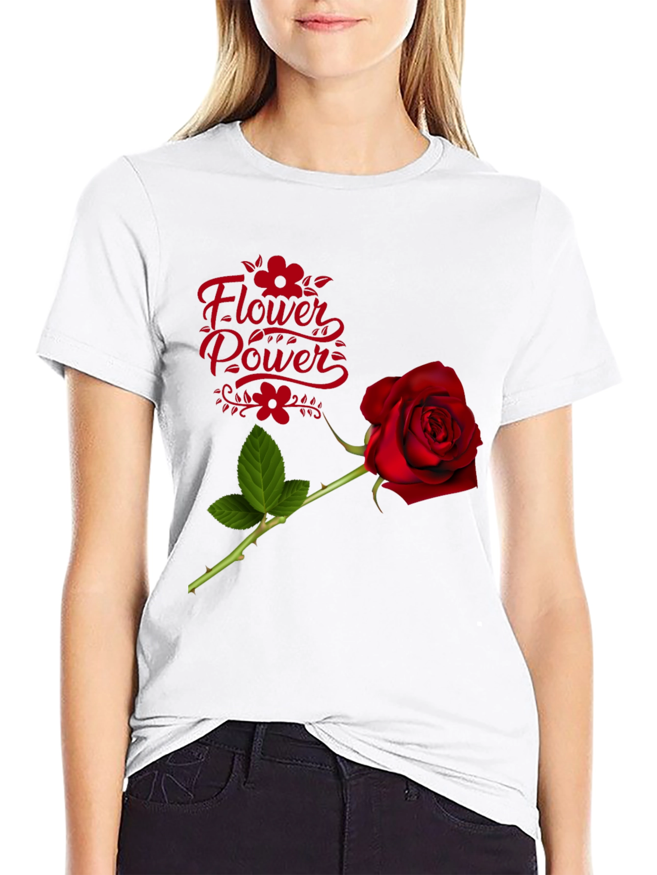 Flower Power Rose Graphic Black T-Shirt