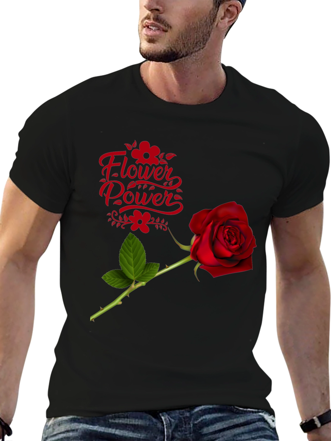 Flower Power Rose Graphic Black T-Shirt