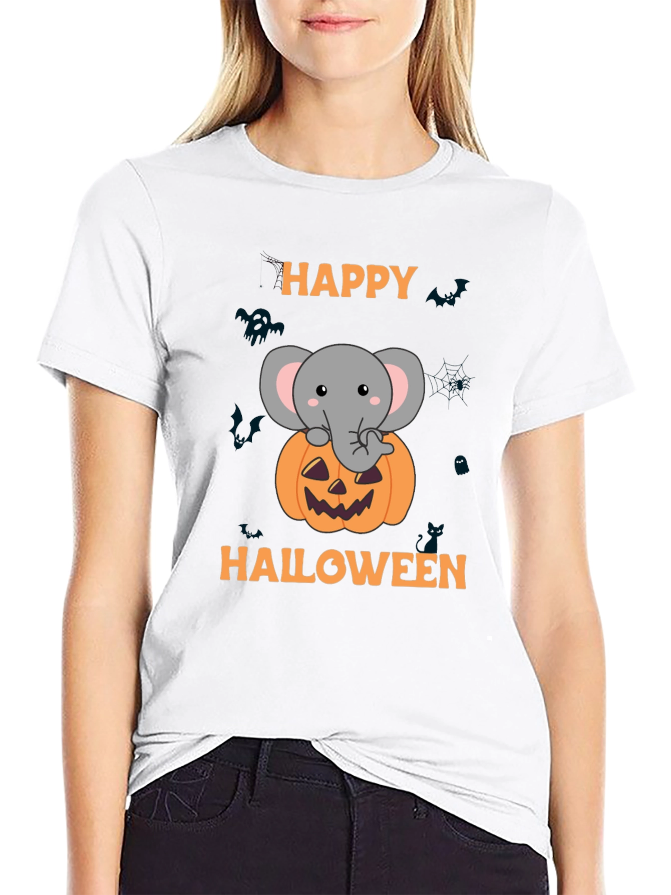 Happy Halloween Elephant Pumpkin Graphic T-Shirt