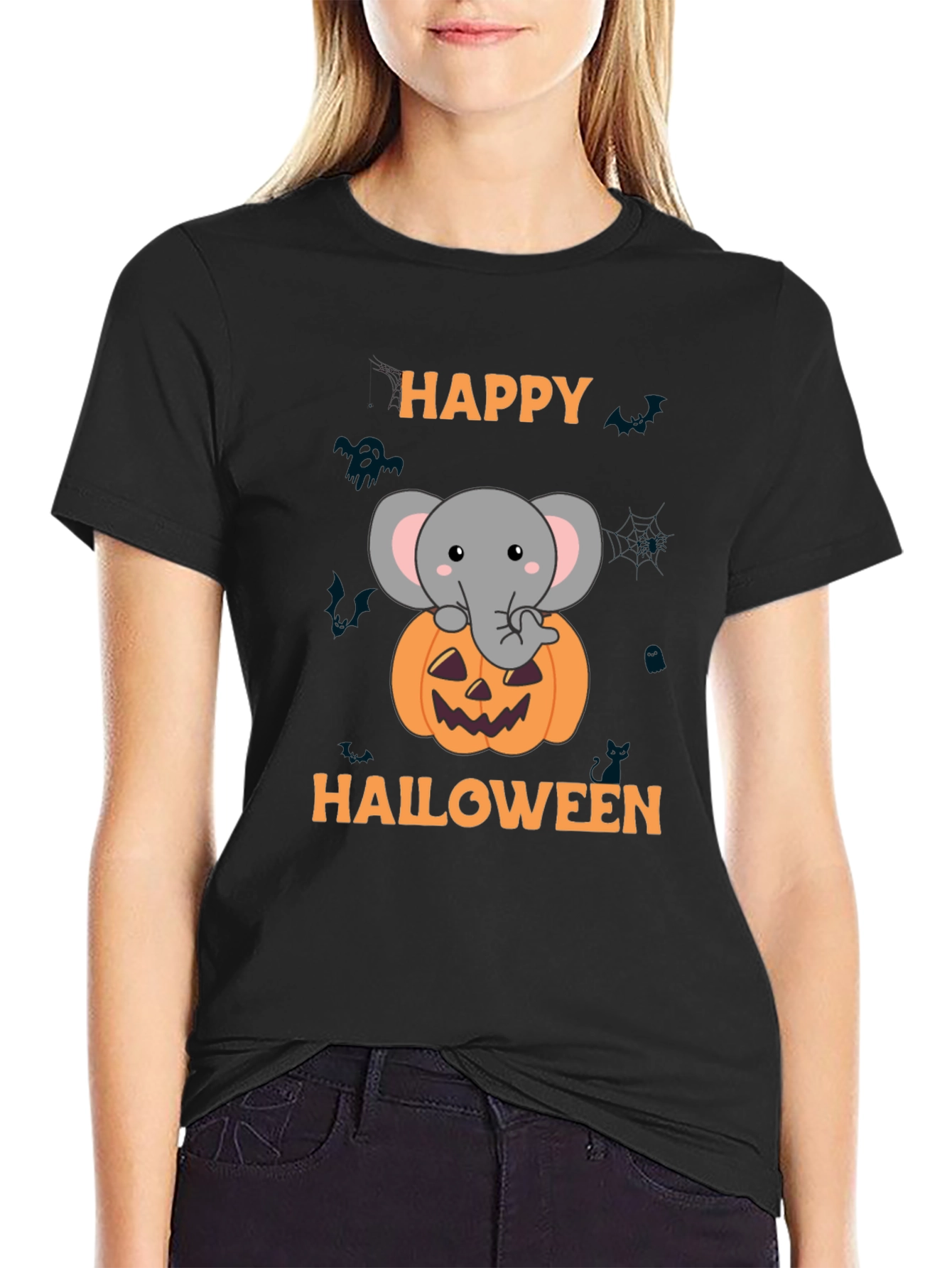 Happy Halloween Elephant Pumpkin Graphic T-Shirt