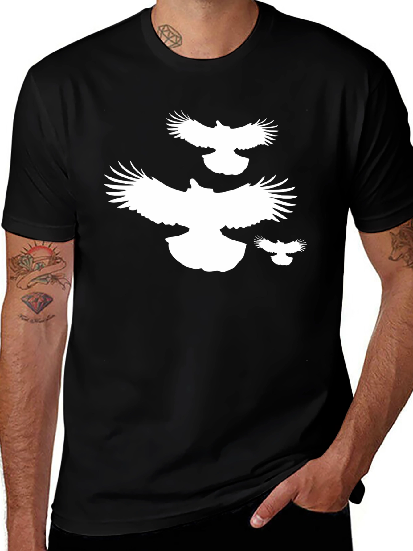 Black T-Shirt with White Flying Birds Design