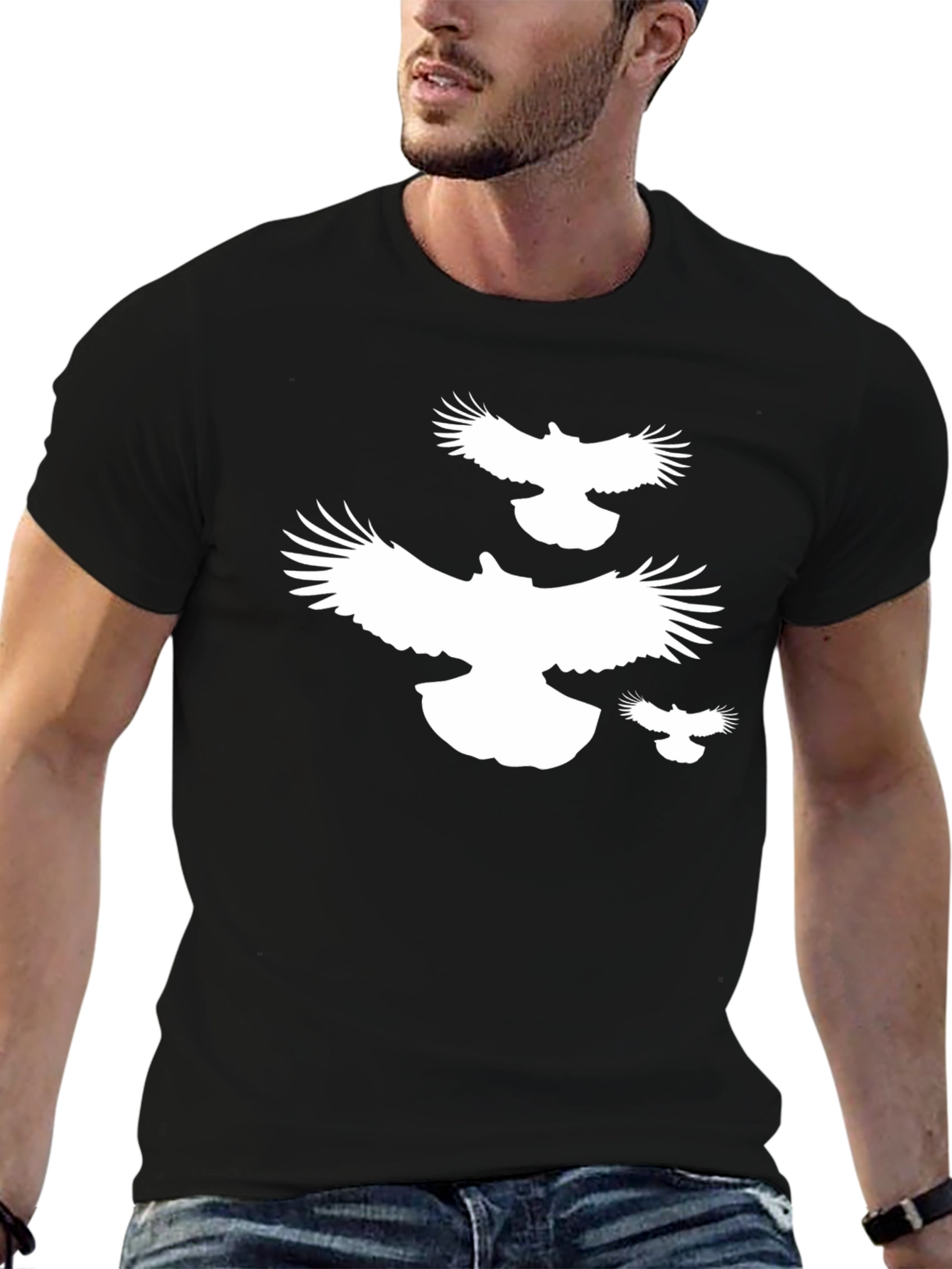 Black T-Shirt with White Flying Birds Design