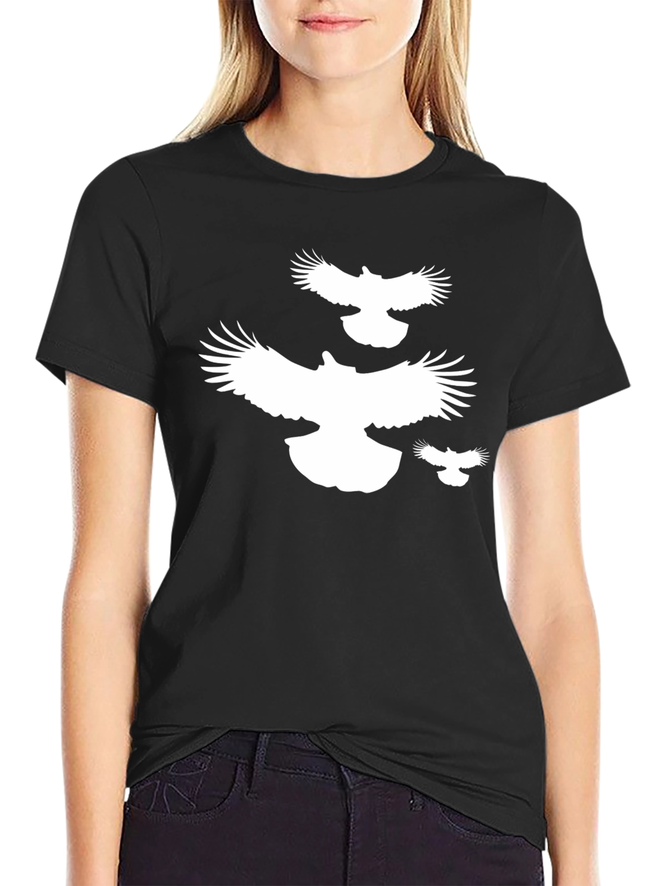 Black T-Shirt with White Flying Birds Design