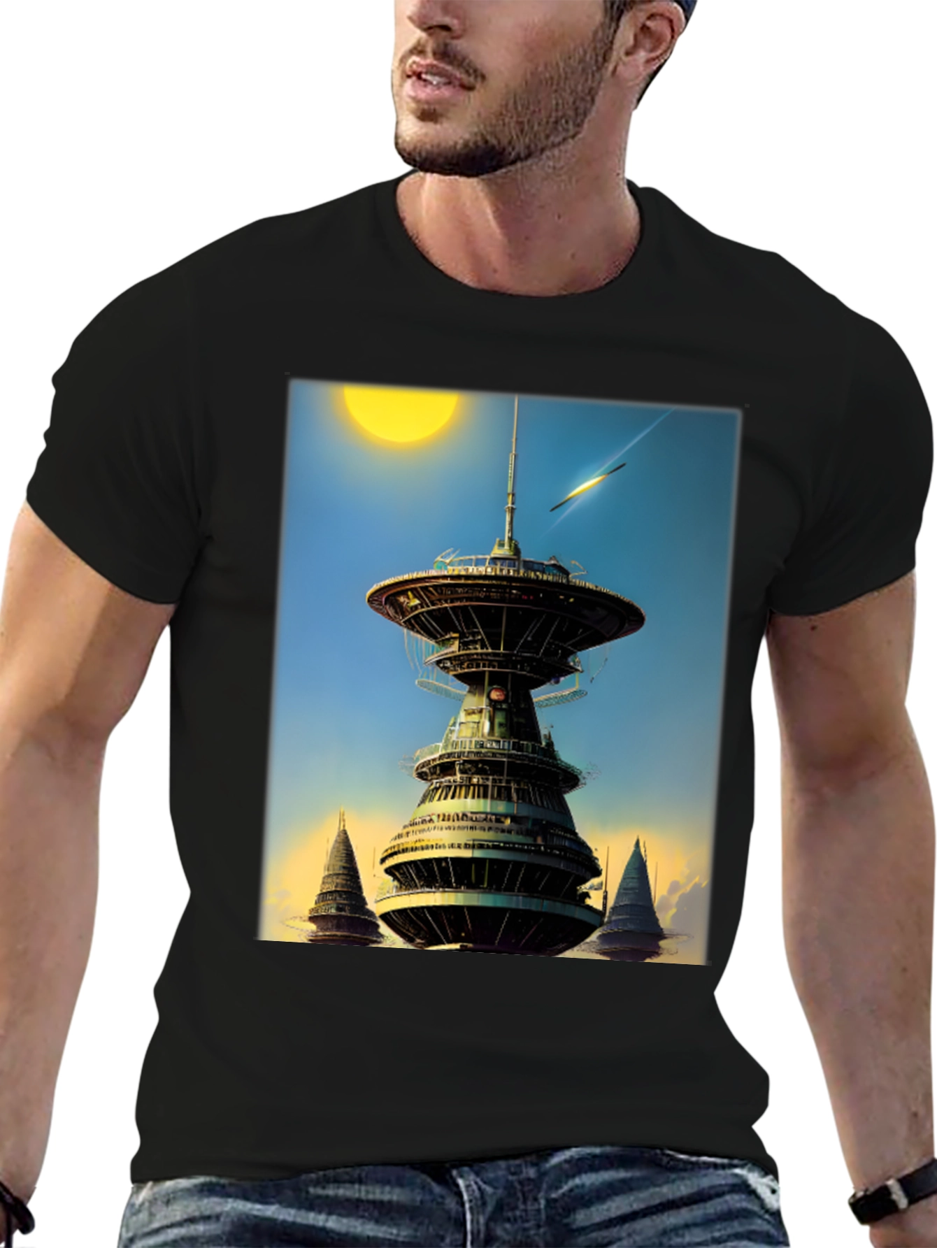 Sci-Fi Tower Graphic Tee - Retro Future Design