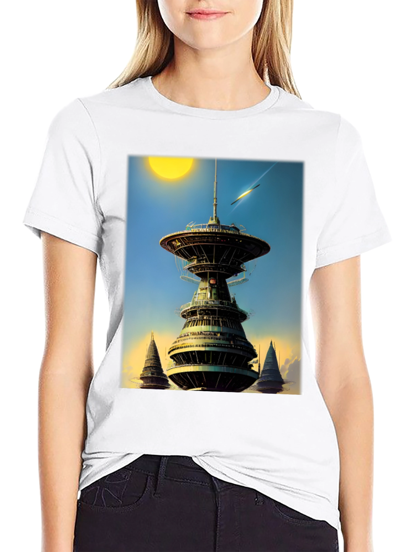 Sci-Fi Tower Graphic Tee - Retro Future Design