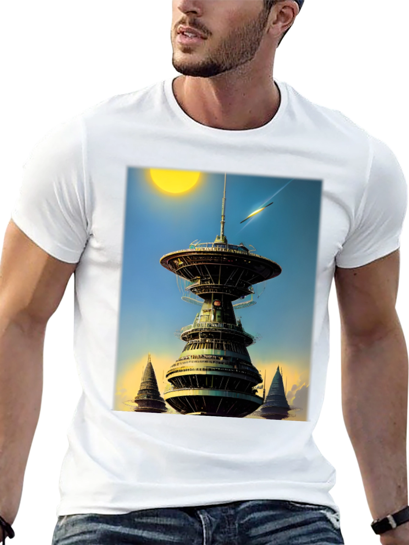 Sci-Fi Tower Graphic Tee - Retro Future Design