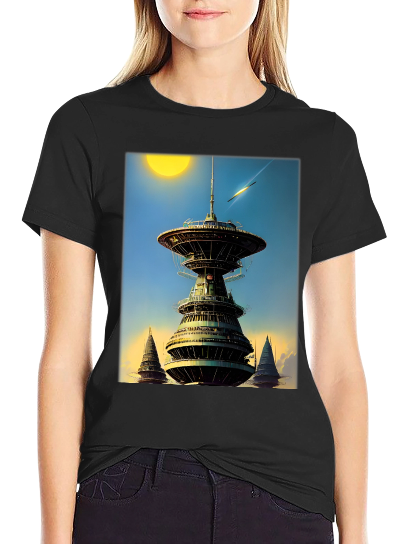 Sci-Fi Tower Graphic Tee - Retro Future Design