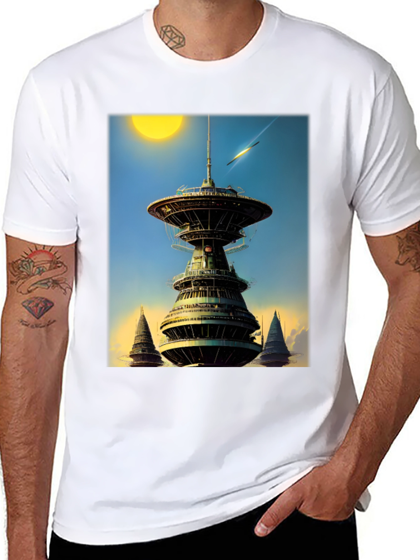 Sci-Fi Tower Graphic Tee - Retro Future Design