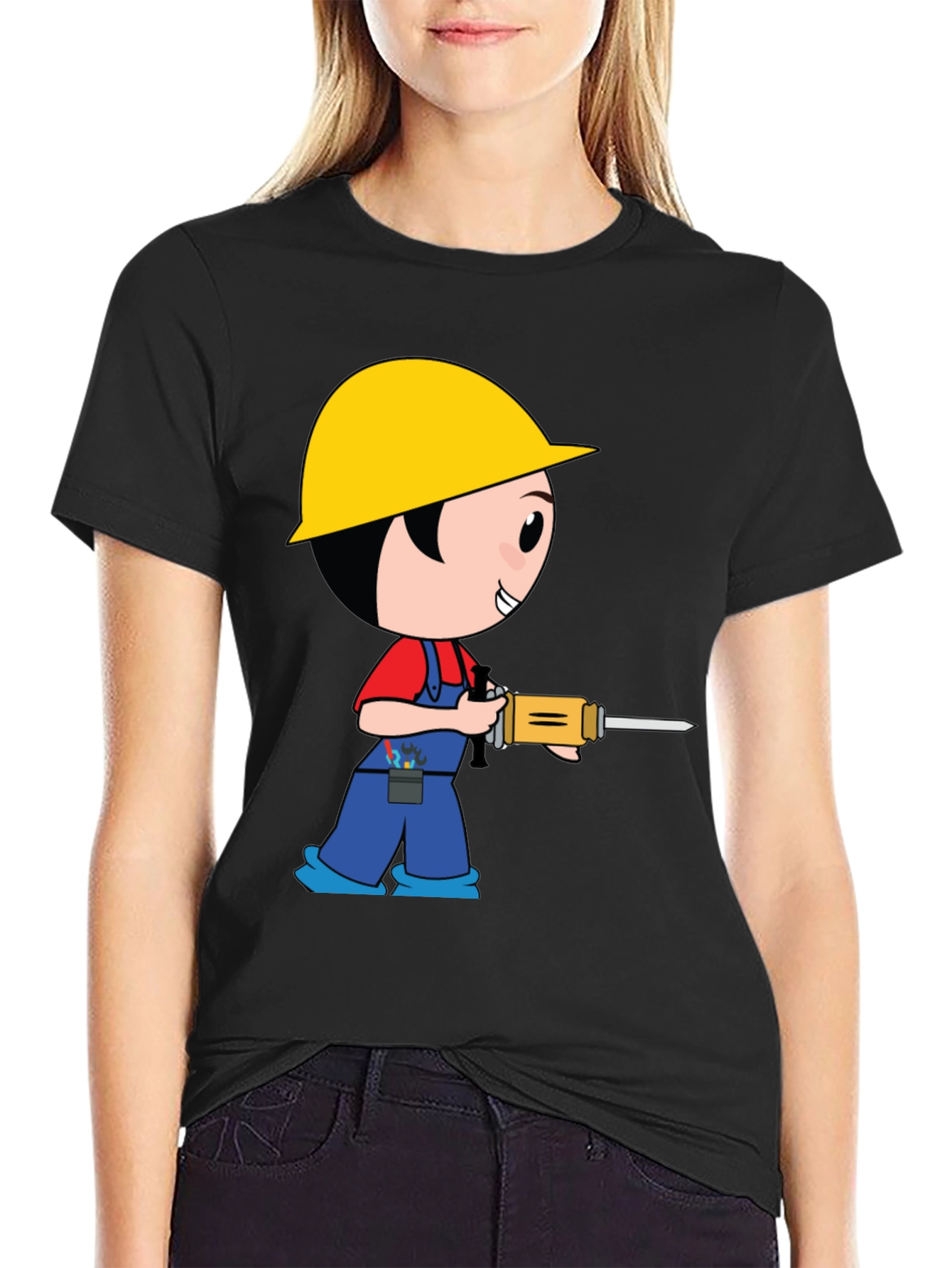 Cartoon Construction Worker Black T-Shirt