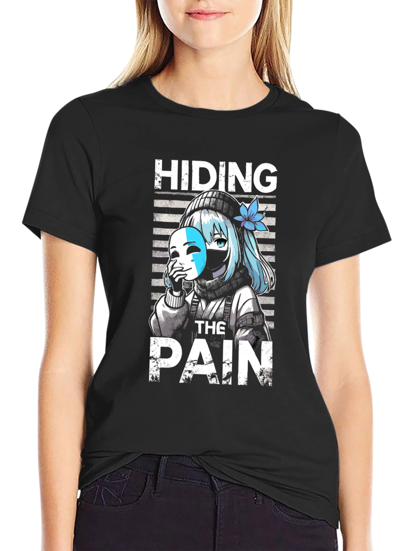 Hiding The Pain Anime Graphic Tee Black